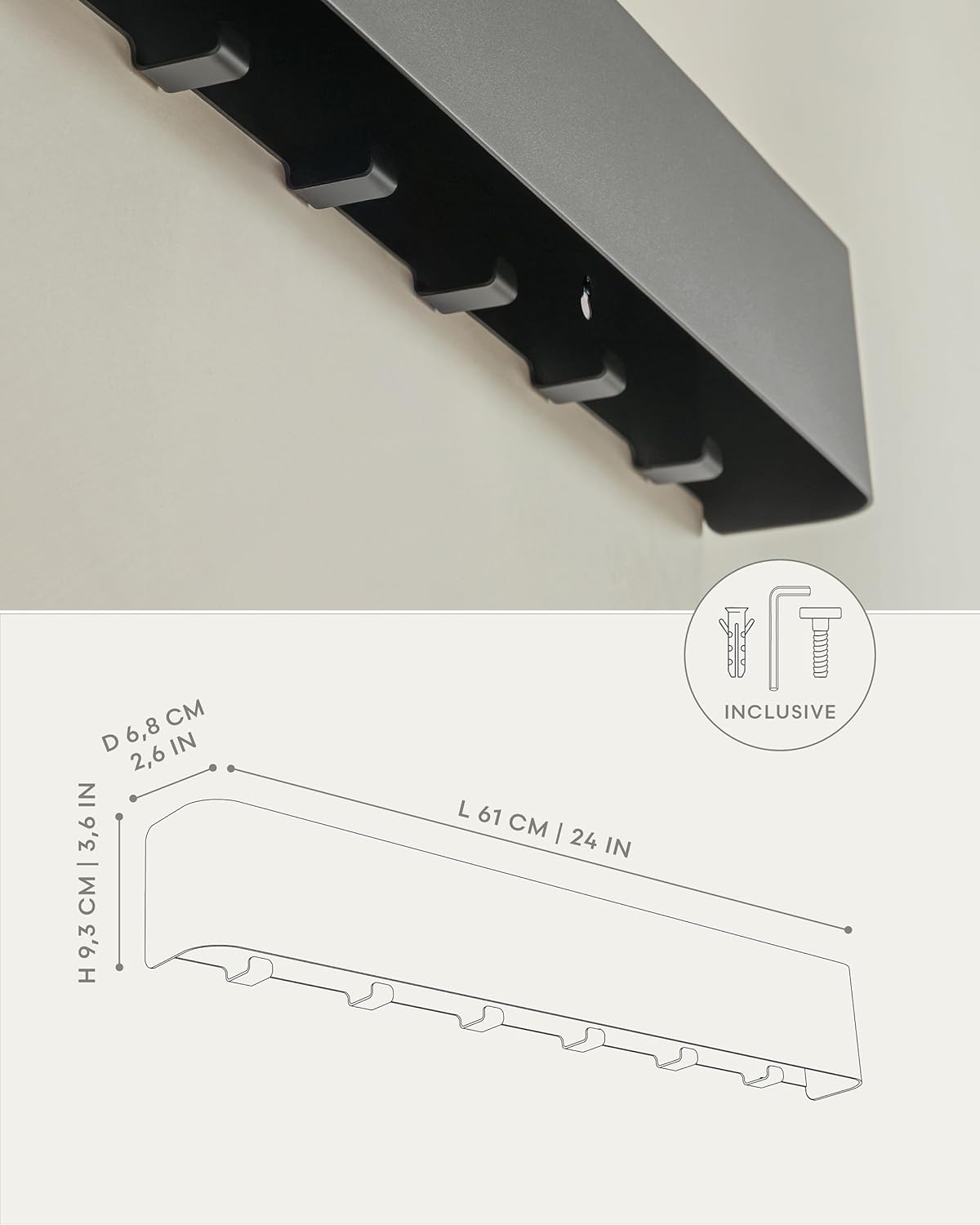 Kazai. Coat Rack Wall Mount with Shelf 'Tone' | Modern Design Coat Hanger with Hidden Hooks and Storage | Hat Rack with