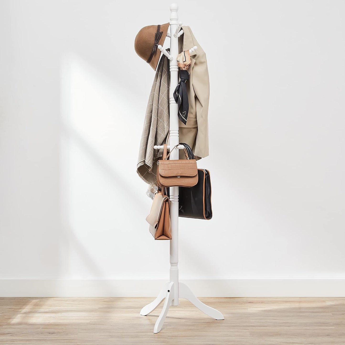 VASAGLE Solid Wood Coat Rack and Stand, Free Standing Hall Coat Tree with 10 Hooks for Hats, Bags, Purses, for