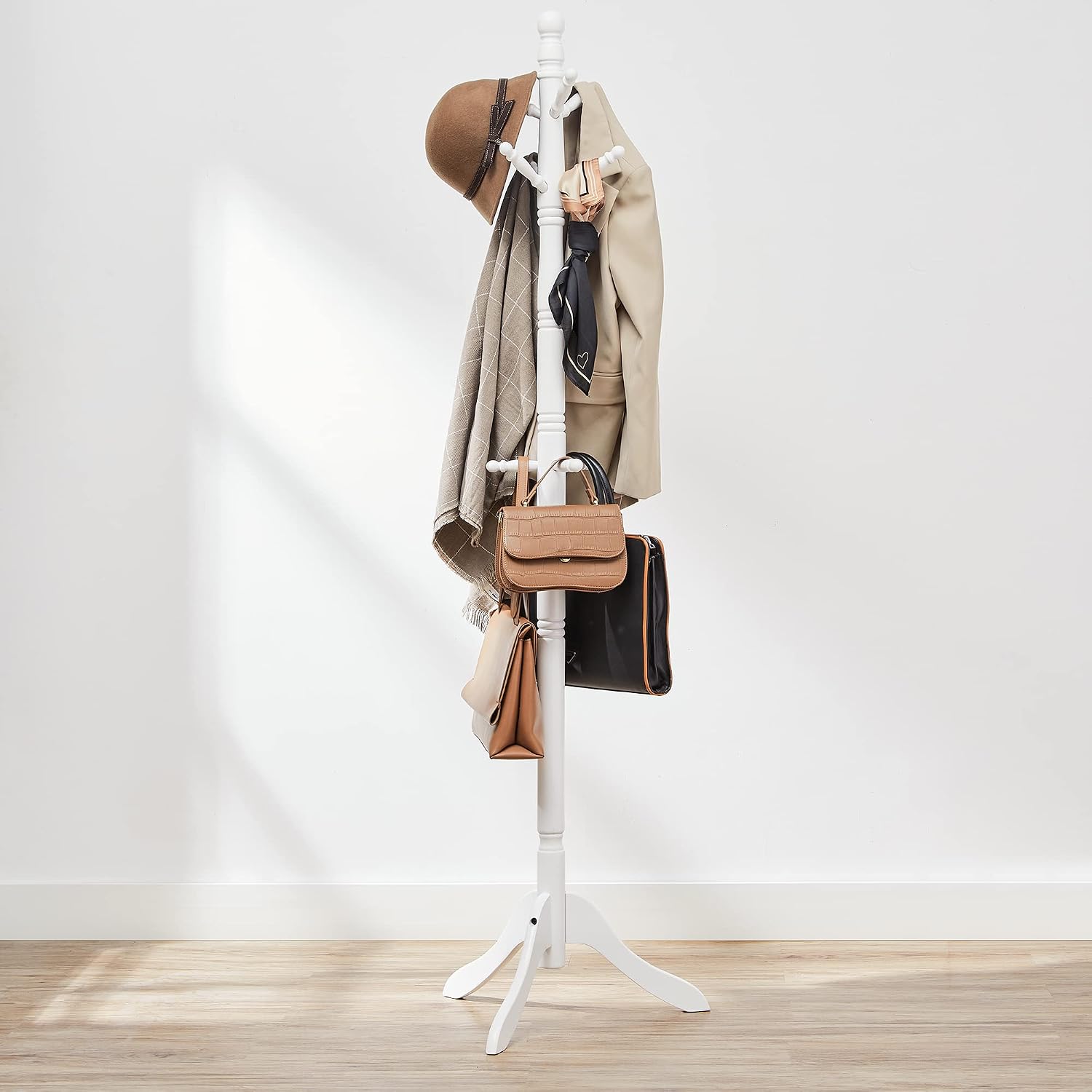 VASAGLE Solid Wood Coat Rack and Stand, Free Standing Hall Coat Tree with 10 Hooks for Hats, Bags, Purses, for
