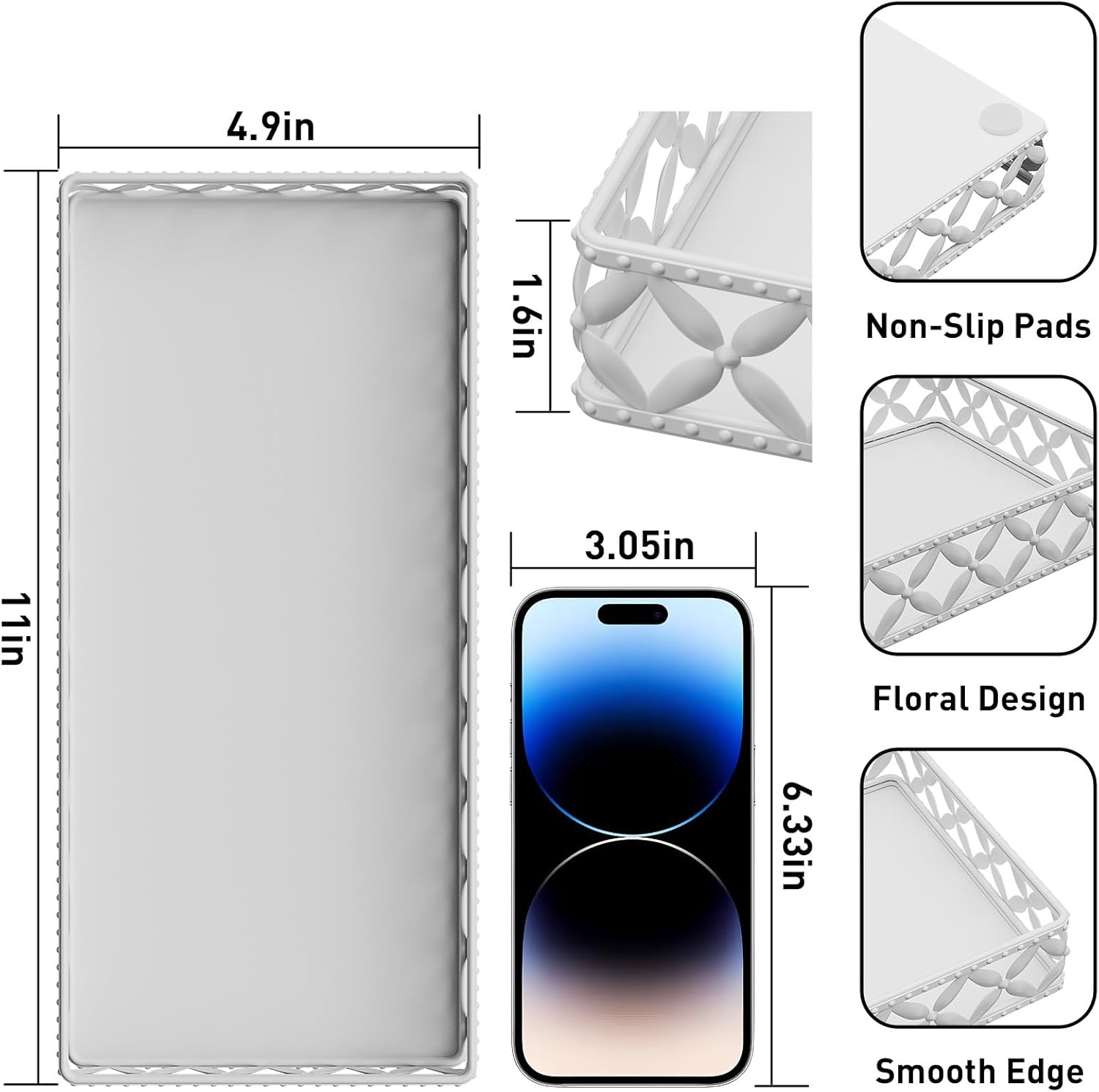 Bathroom Vanity Tray / Rectangle Floral-white / 11 Inch