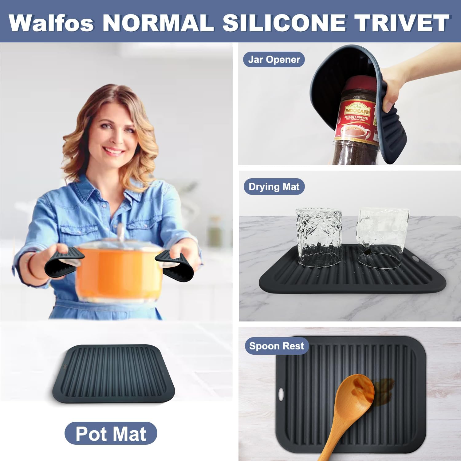 Walfos XXL Silicone Trivet 16" and Large 12" and Round & Square 7", Trivets for Hot Pots and Pans, Heat Resistant Pot