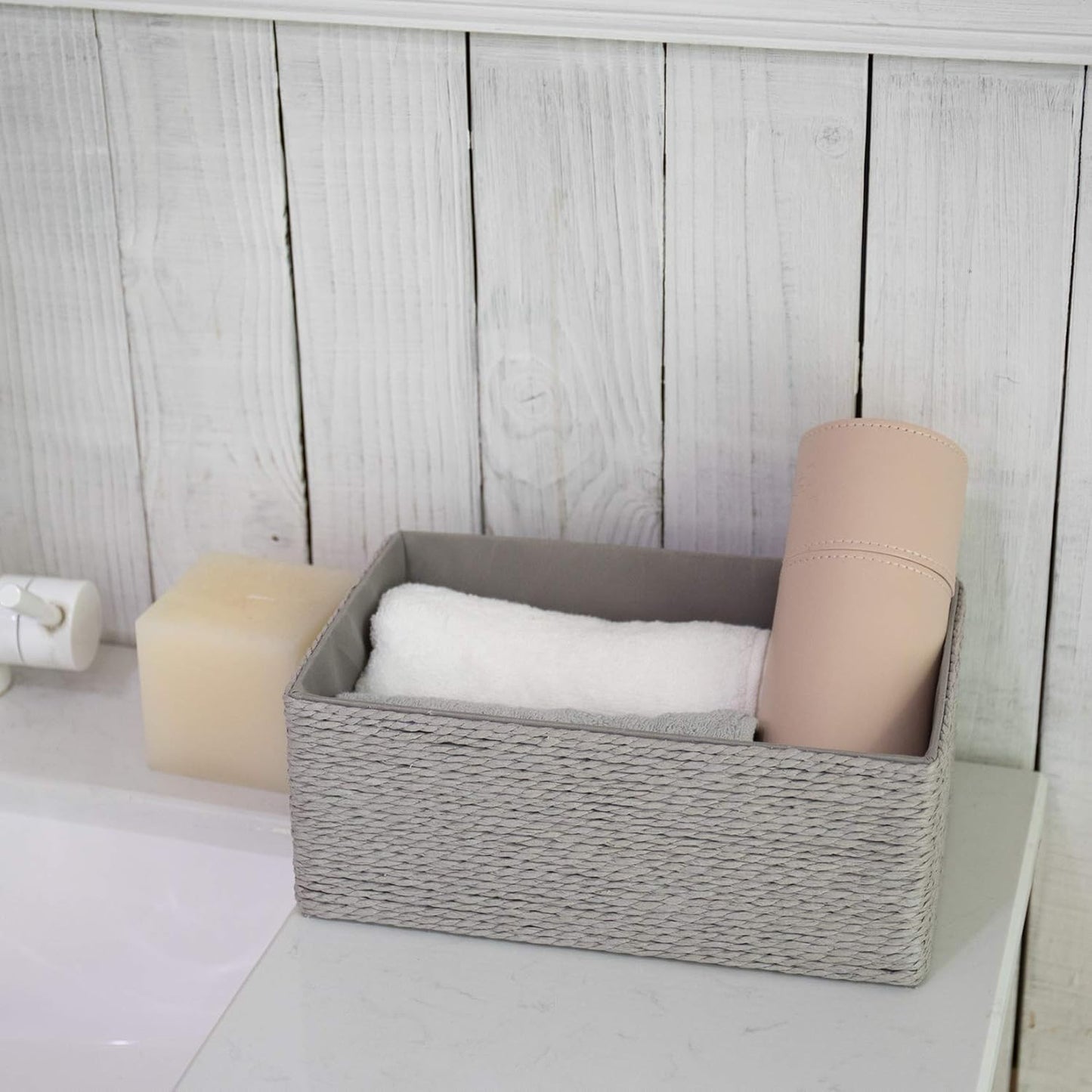 Stackable Woven Basket Paper Rope Bin / Gray