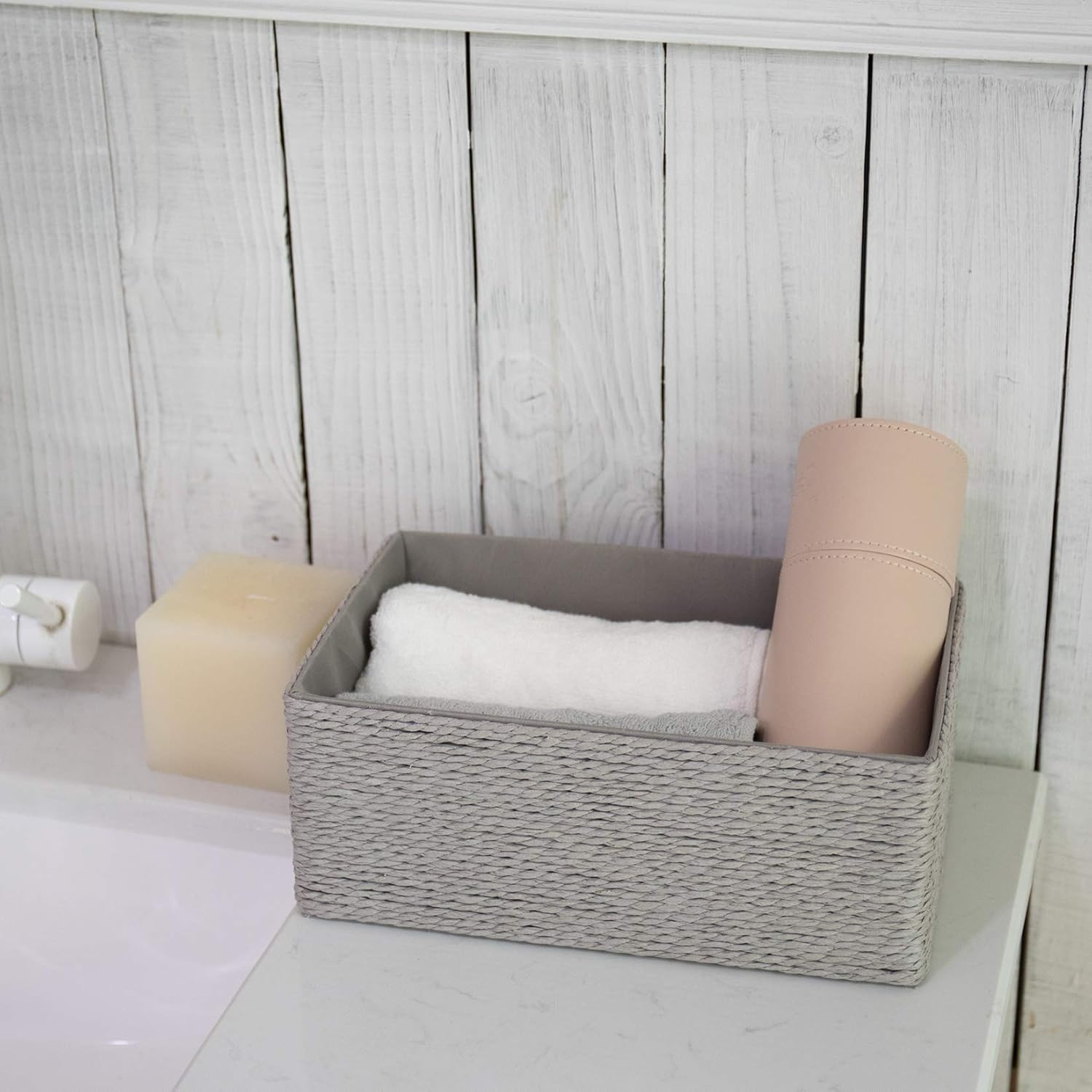 Stackable Woven Basket Paper Rope Bin / Gray