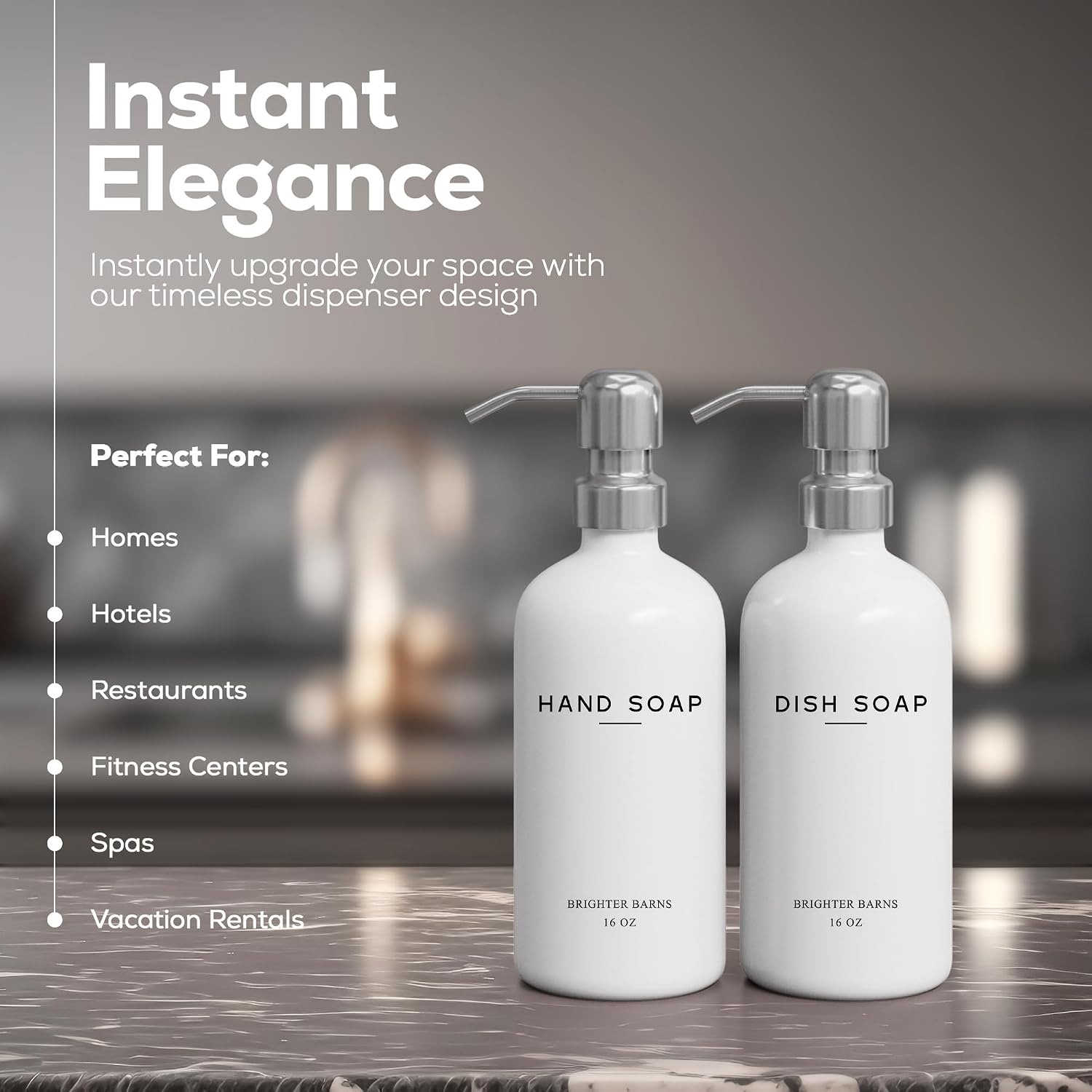White Glass Hand and Dish Soap Dispenser Set by Brighter Barns - Modern Kitchen Soap Dispenser Set & Pump for Sink