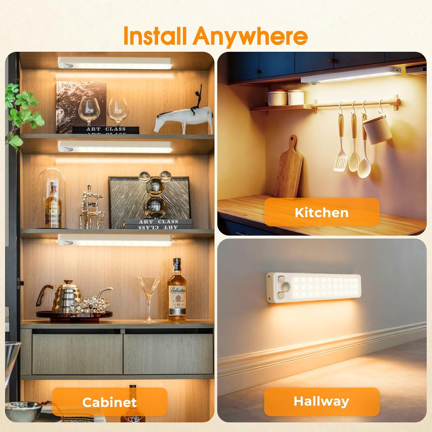 Under Cabinet Rechargeable Dimmable Lighting: 3 Color Temperature Motion Sensor Lights Indoor - Battery Operated Lights