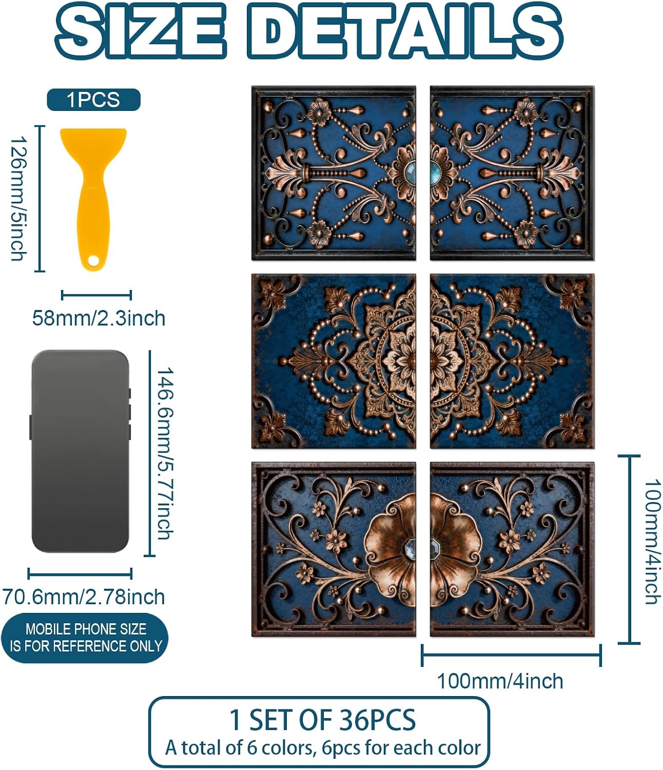 6 Style Wall Stickers Pattern Peel and Stick Wall Tile Sticker / Blue Textured Flowers / Set of 36