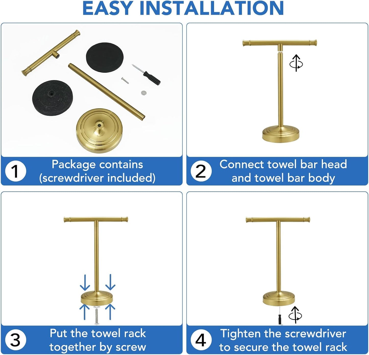 RUMOSE Brushed Gold Hand Towel Holder Stand Countertop Towel Rack | 13 Inch Bathroom Kitchen Vanity T-Shape Towel Stand