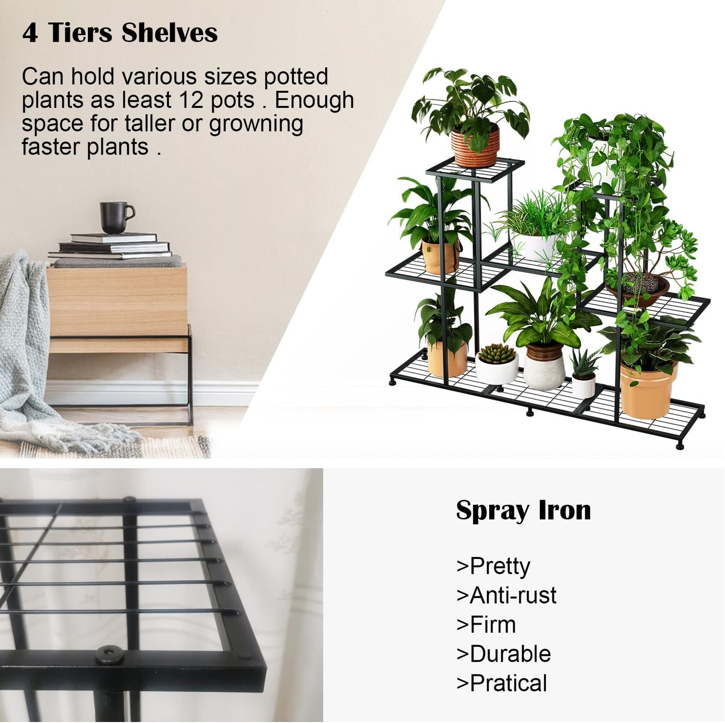 Twhep Metal Plant Stand, 5 Tiers Multifunctional Plant Stands for Indoor Plants, Decorative Black Steel Plant Shelf for