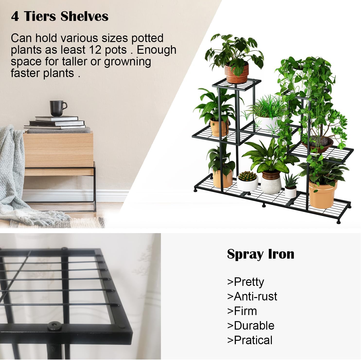 Twhep Metal Plant Stand, 5 Tiers Multifunctional Plant Stands for Indoor Plants, Decorative Black Steel Plant Shelf for