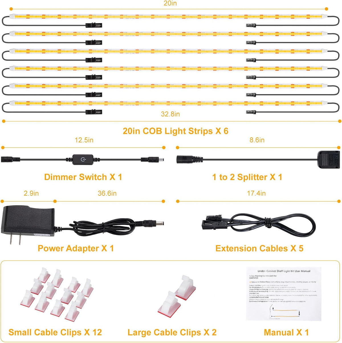 JUSJUBR Shelf Lights, 6 PCS 20 Inch Dimmable Flexible COB LED Light Strips, Warm White 3000K, LED Under Cabinet Lights