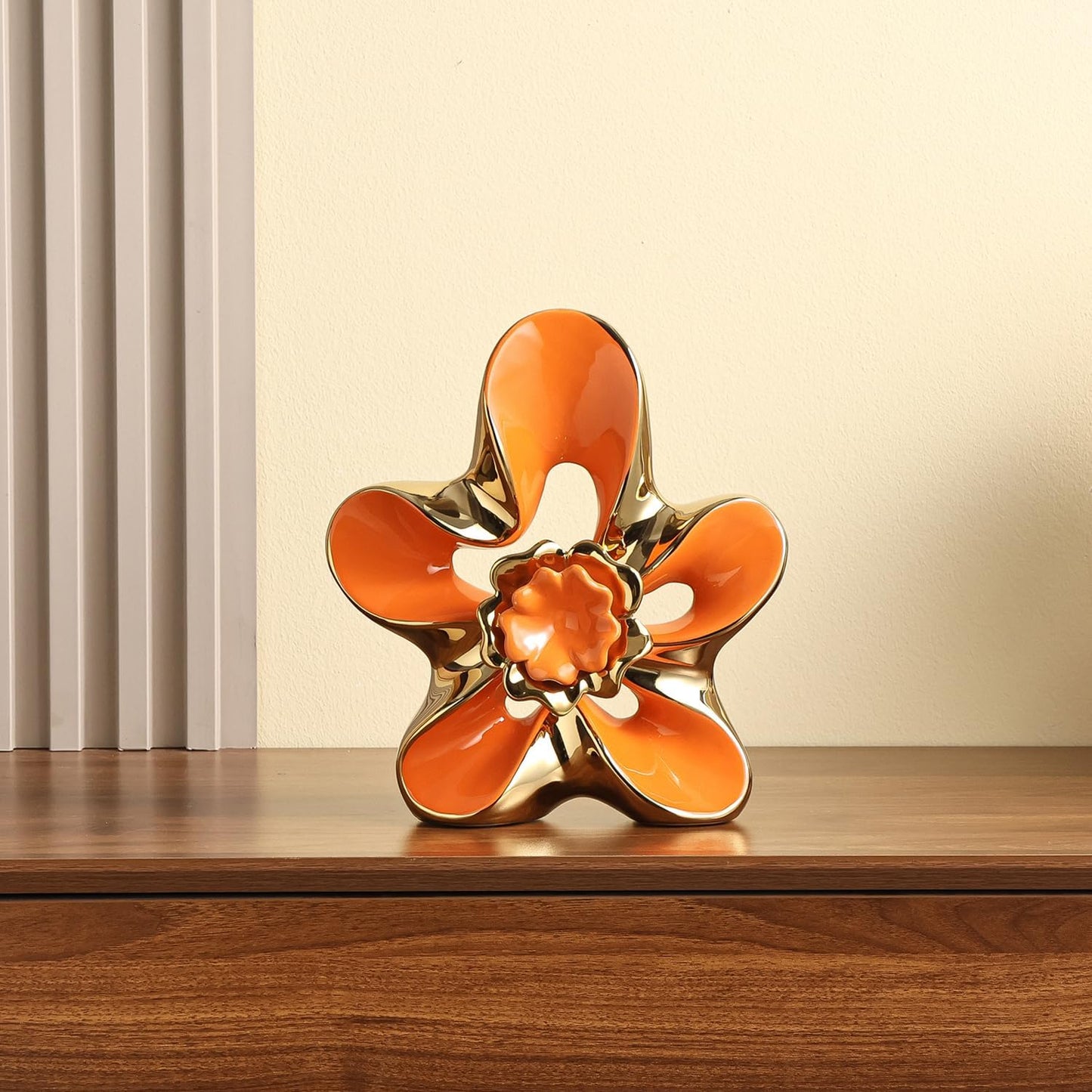 Ceramic Statue Home Decor Aesthetic Abstract Flower Sculpture Modern Decorative / Orange and Gold