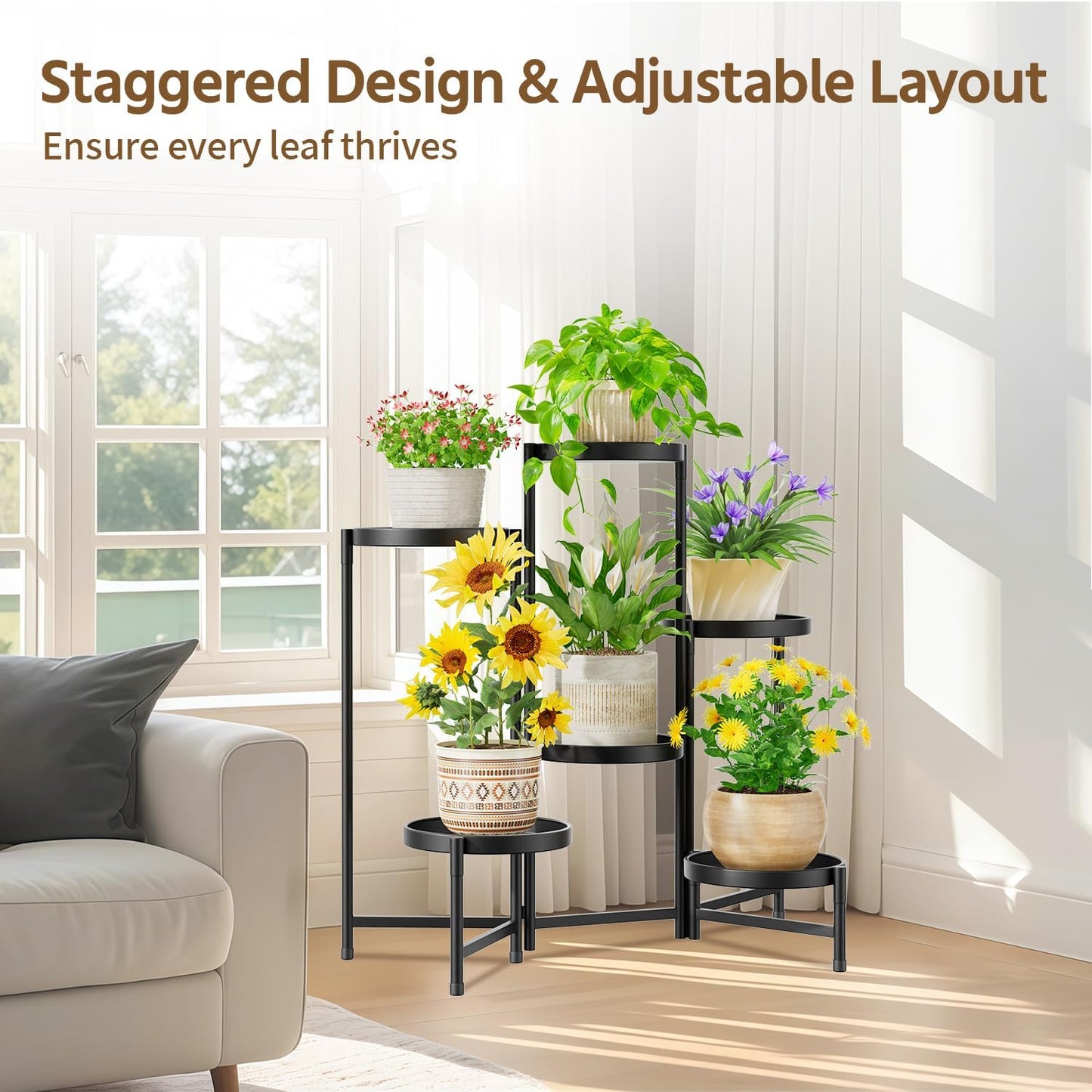 LASZOLA Plant Stand Indoor with 10 Inch Large Metal Tray, 6 Tier Black | Corner Tall Folding Flower Display Rack