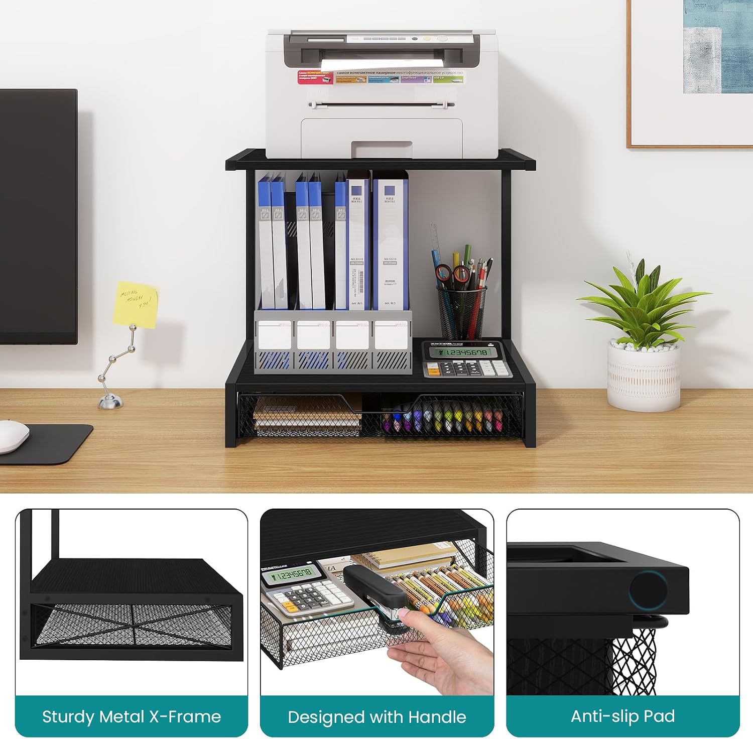 ELITEROO 2-Tier Printer Shelf with Drawers, Wooden Desk Shelf for Printer | Small Printers Shelf for Office Supplies