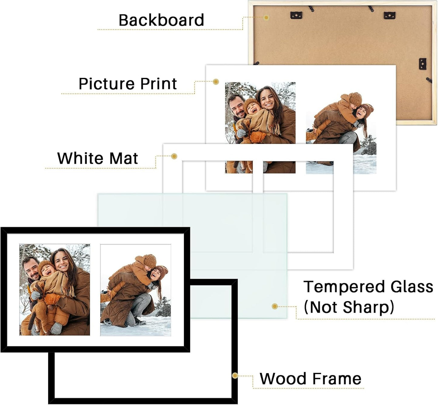 Golden State Art 12x19 Black Wood Picture Frame - For Two 8x10 Photo,8 Pack | Matted to Double 8x10,Solid Wood Collage