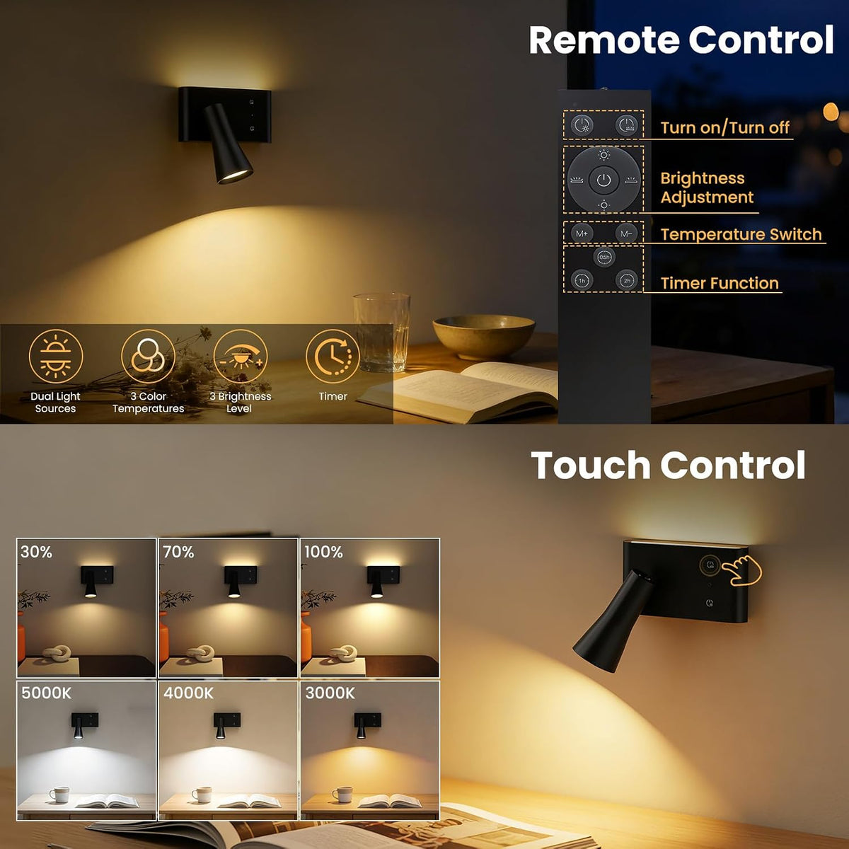 Wall Sconce Battery Operated Reading Lights, 10000mAh Rechargeable Wireless LED Wall Lights, 3 Color Temperatures