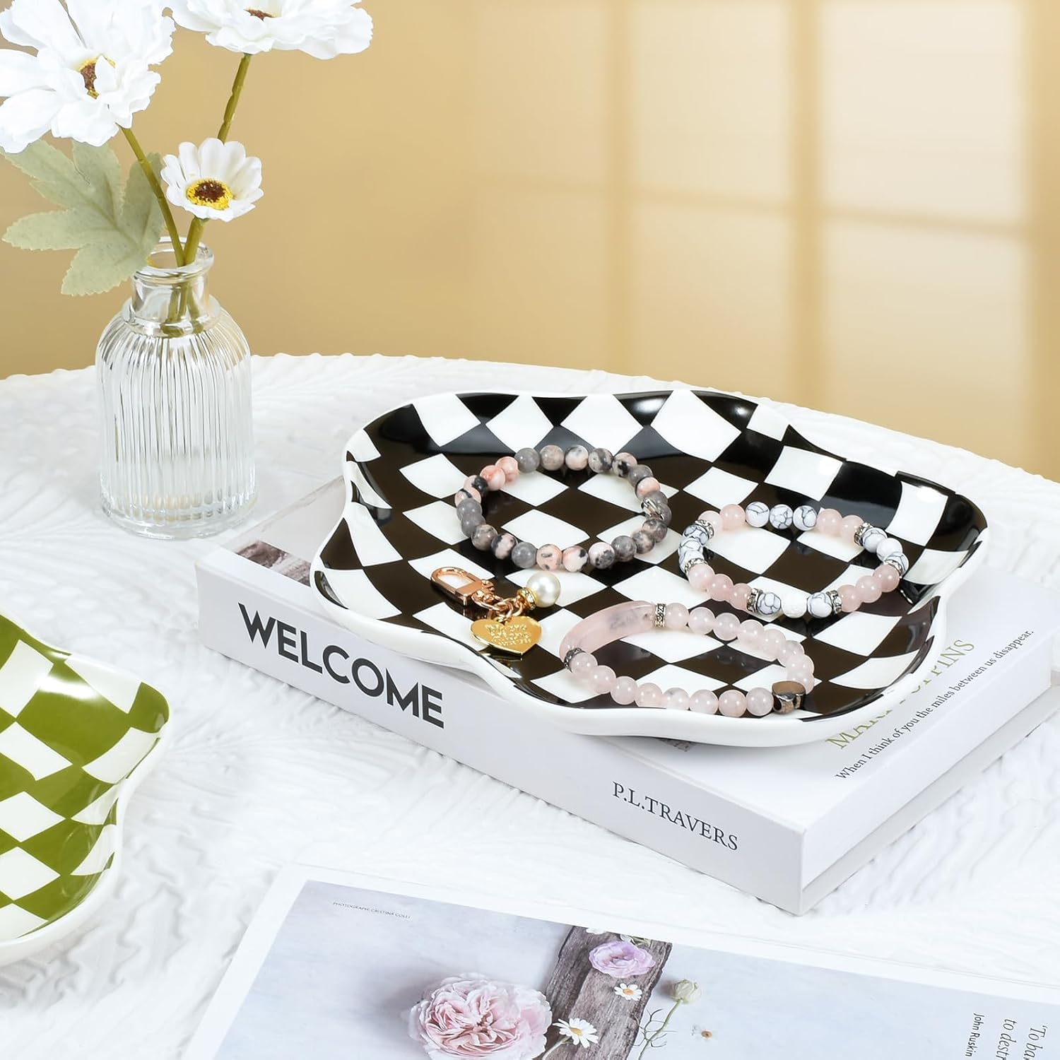 Ceramic Jewelry Dish Trinket Tray Organizer / Black and White Checkerboard