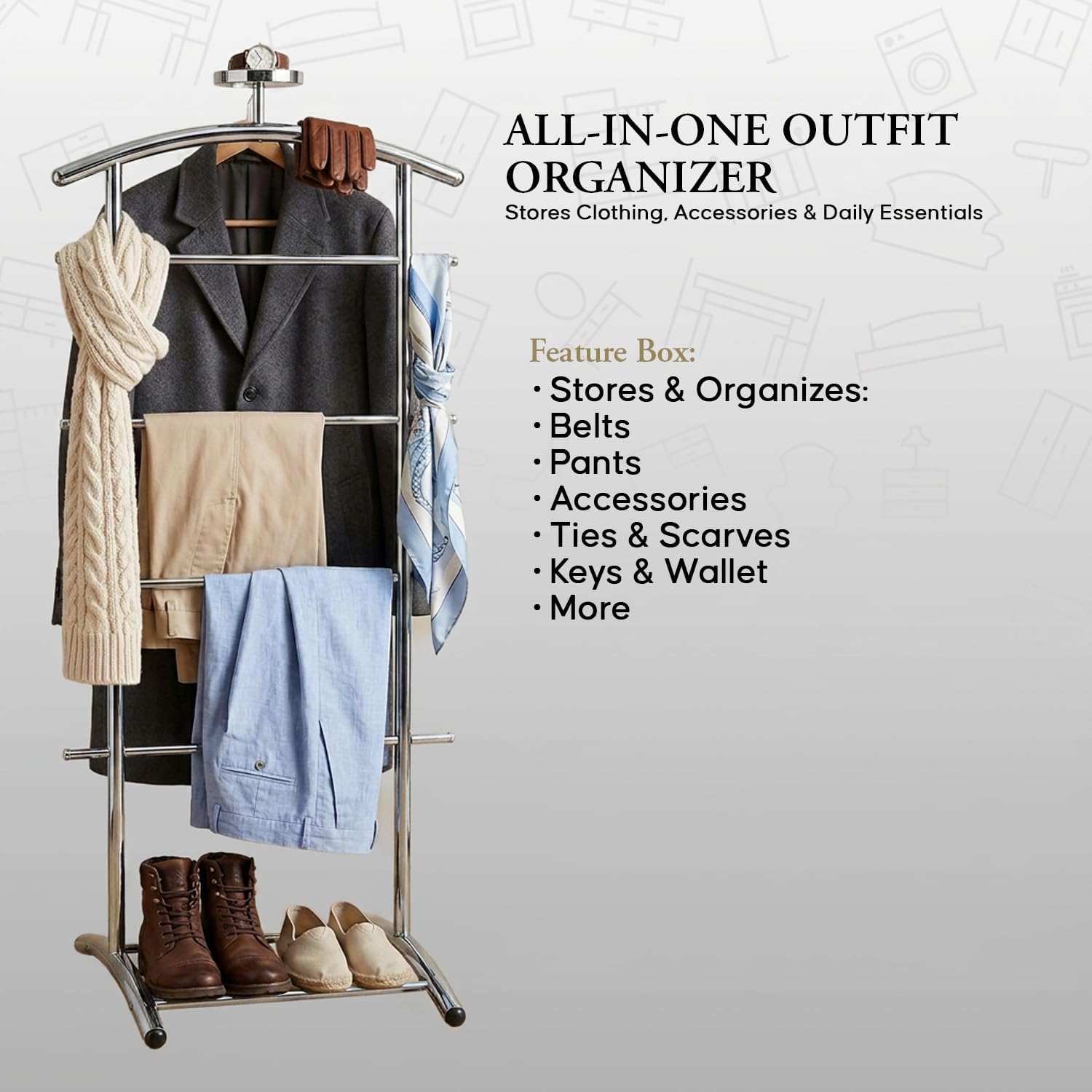 Kings Brand Freestanding Metal Suit Valet Stand with Tie Bar, Chrome | Complete Clothing Organizer with Hanger, Trouser