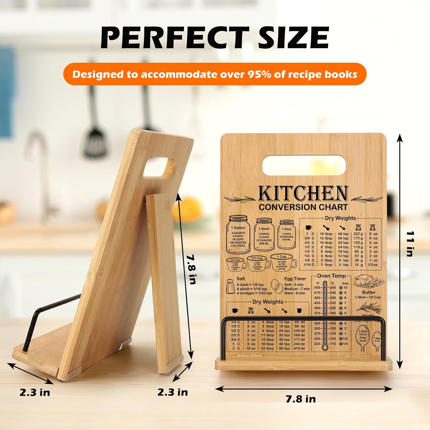 Bamboo Cookbook Stand for Kitchen Counter, Adjustable Recipe Book Holder | Cookbook Holder with Measurement Conversion