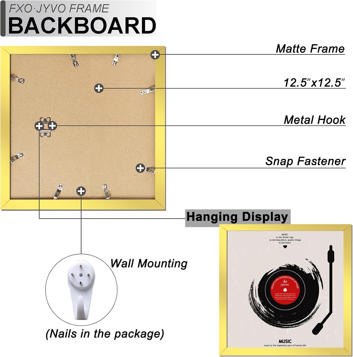 Vinyl Record Frame Display for 12 inch LP with 12.5x12.5 Album Cover | Gold 12.5 x 12.5 Frame Light Weight with