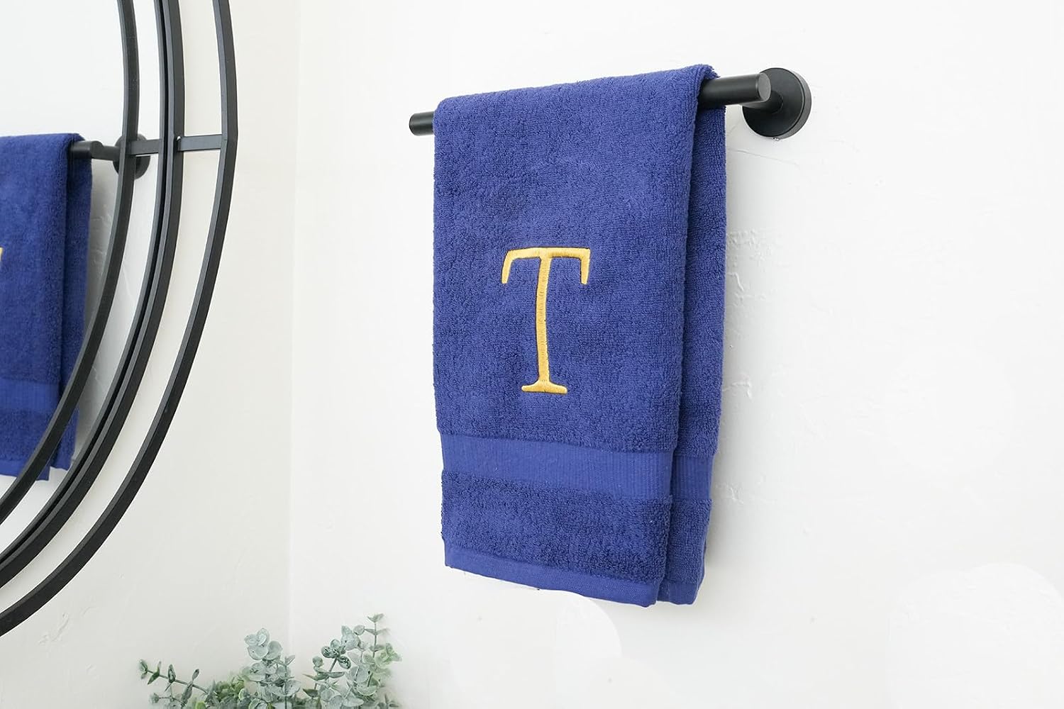 Navy with Gold Monogrammed Hand Towels for Bathroom - Set of 2 Letter T | Luxury Hotel Quality Initial Towels For