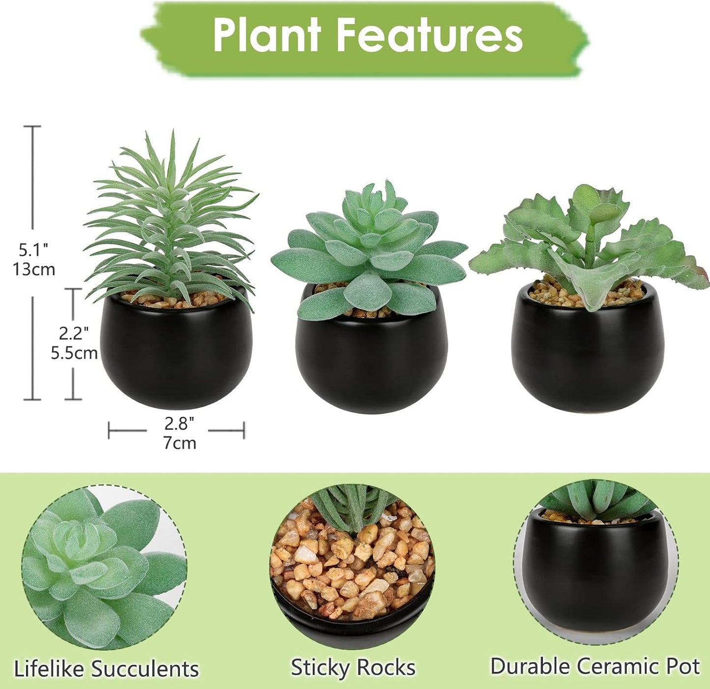 Artificial Succulents Fake Plants Mini Succulents Potted in Ceramic / Type #2 / Black / Set of 3