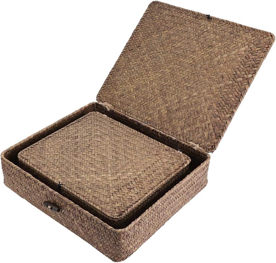 Flat Woven Wicker Storage Bins / Small+large / Coffee / Natural / Set of 2