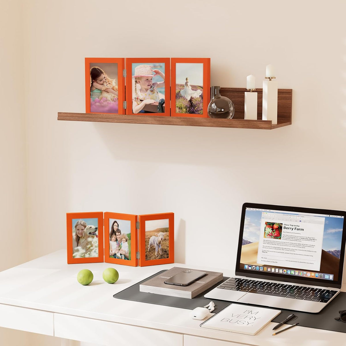 decorUhome Orange Triple 7x5 Picture Frame Horizontal, MDOR08 | "Z" Shape Folding Design Engineered Wood Trifold Photo