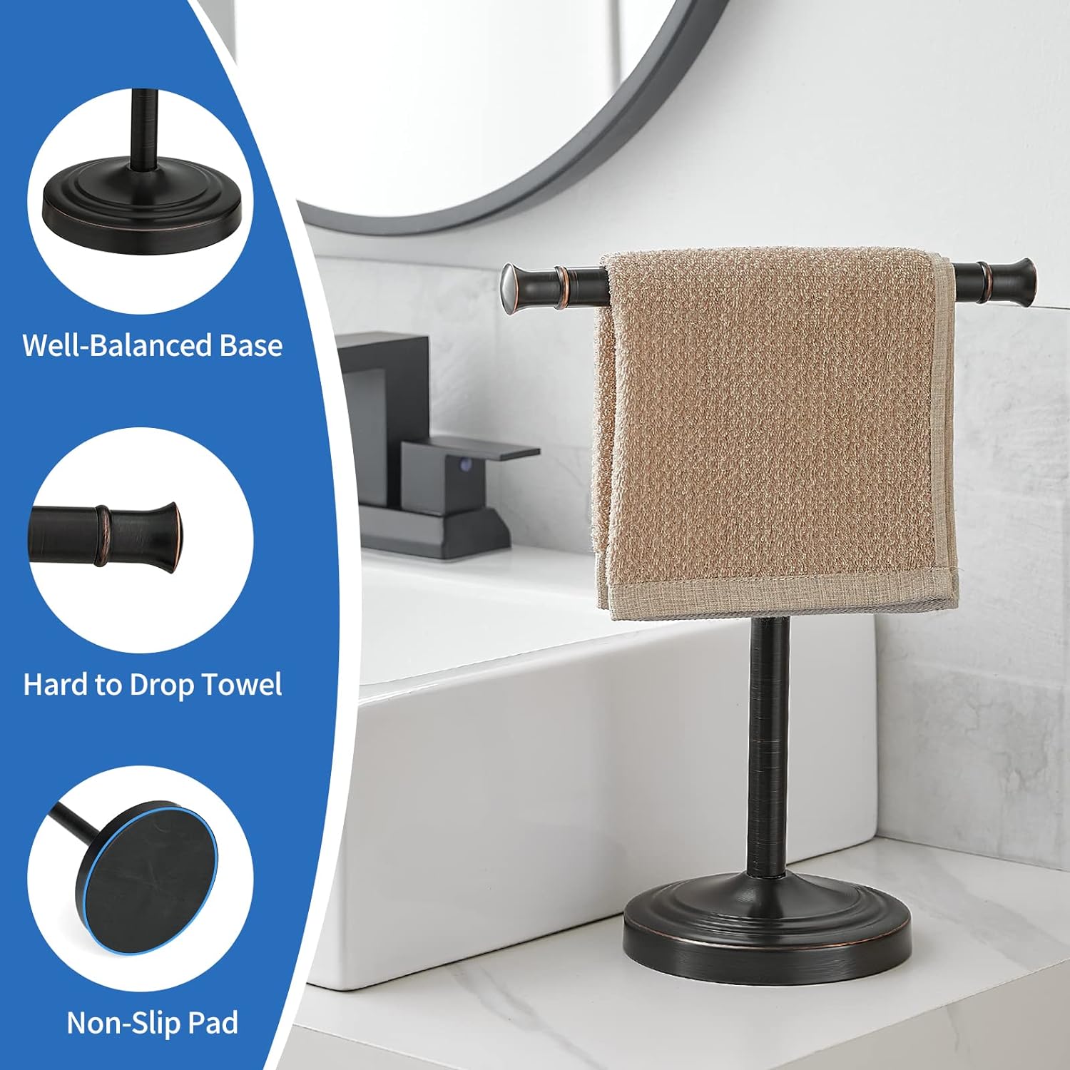 RUMOSE Oil Rubbed Bronze Hand Towel Holder Stand Countertop Towel Rack | 13 Inch Bathroom Kitchen Vanity T-Shape Towel