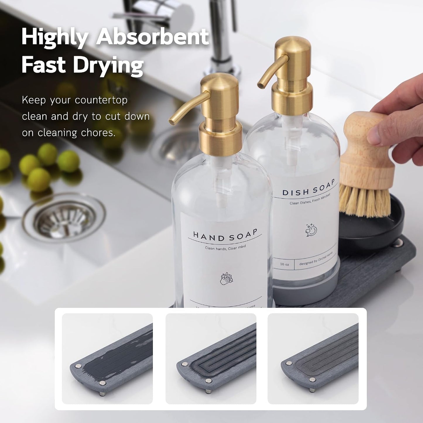 [Luxury] Kitchen Soap Dispenser Set - 16OZ Clear Glass Bottle, Stainless Steel Pump, Instant Dry Tray, Waterproof