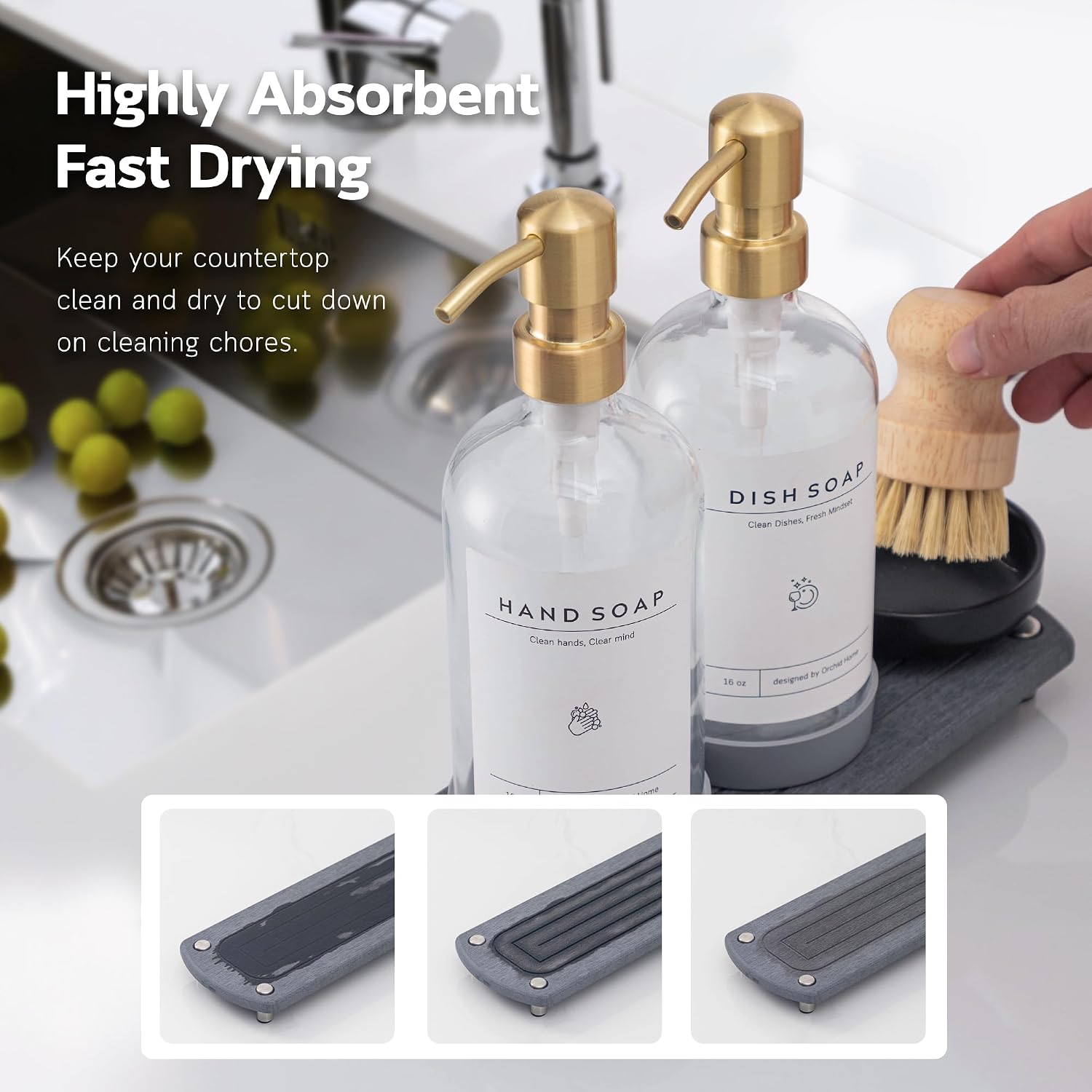 [Luxury] Kitchen Soap Dispenser Set - 16OZ Clear Glass Bottle, Stainless Steel Pump, Instant Dry Tray, Waterproof