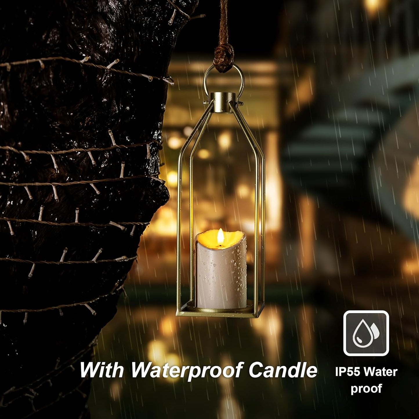 Homemory Modern Farmhouse Gold Metal Lanterns 2PCS with Flameless Candle | Waterproof Lantern Design Outdoor Indoor