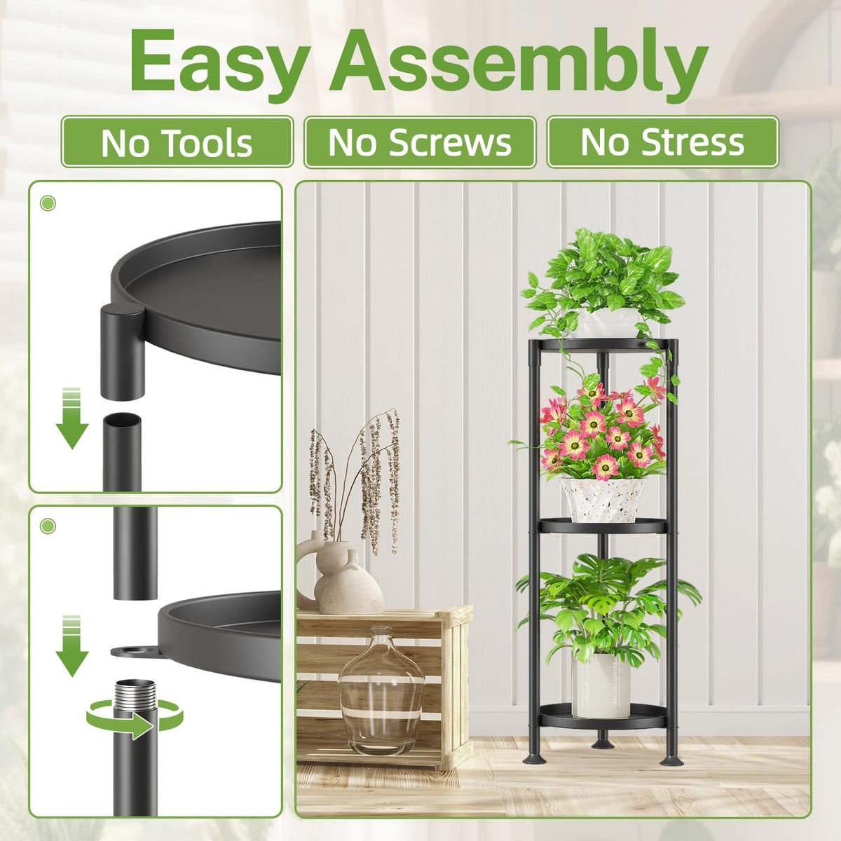 iDavosic.ly 3 Tier Plant Stand Indoor Outdoor, 10 In Wide Metal Tray, Black | Vertical Metal Corner Heavy Duty Multiple