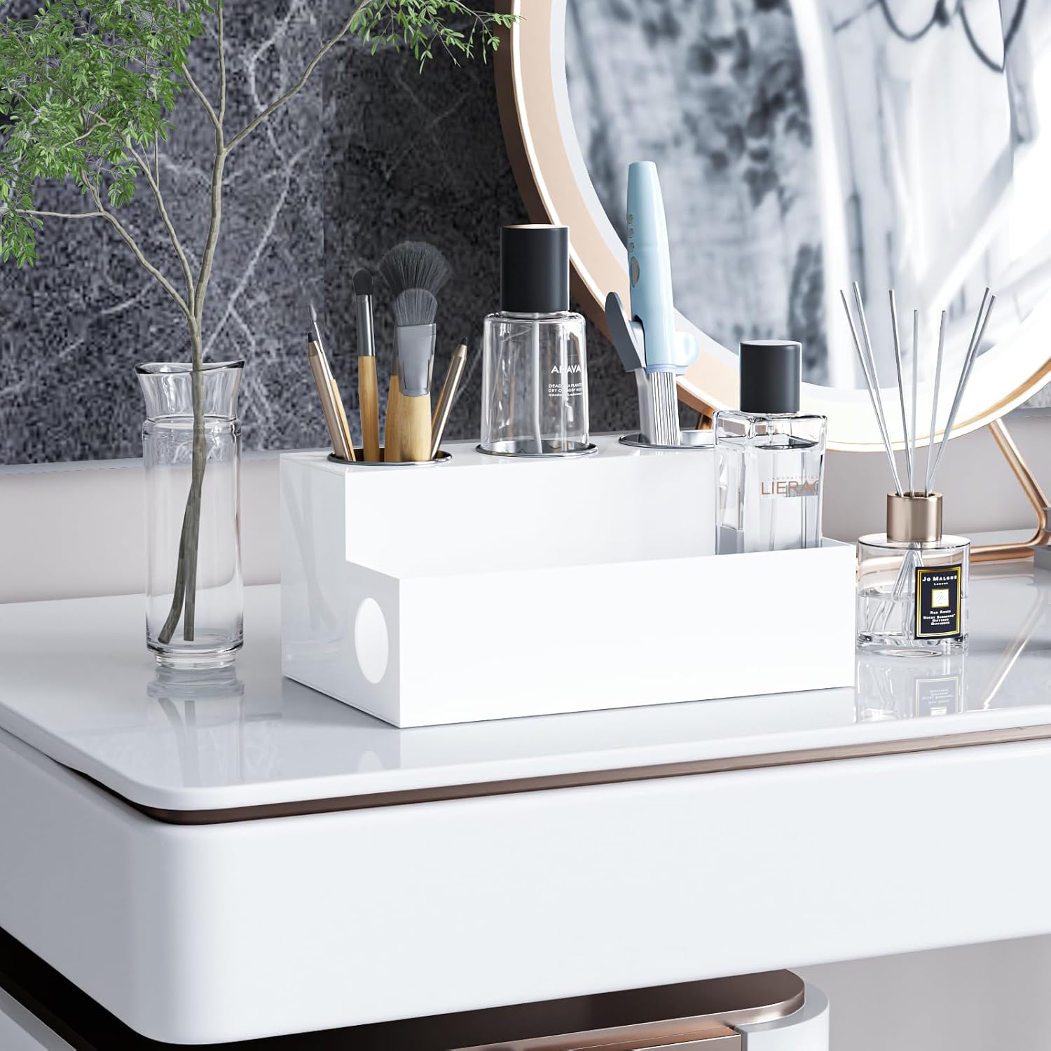 Countertop Hair Tool Organizer White Acrylic Holder for Vanity | Heat Insulated Steel Cups, Cord Hole Design, Stores