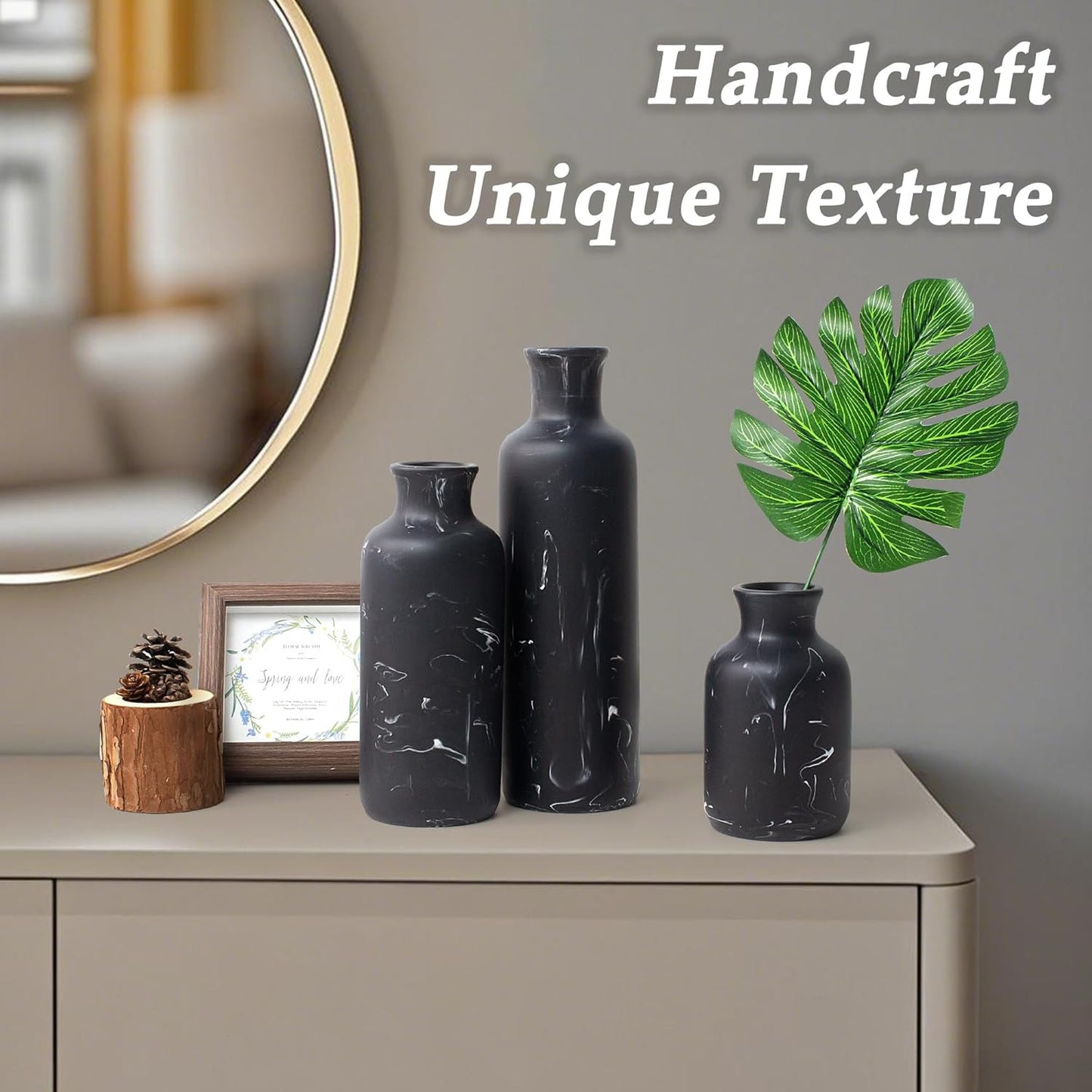 Resin 3 Piece Vase Set / Black Marble Look