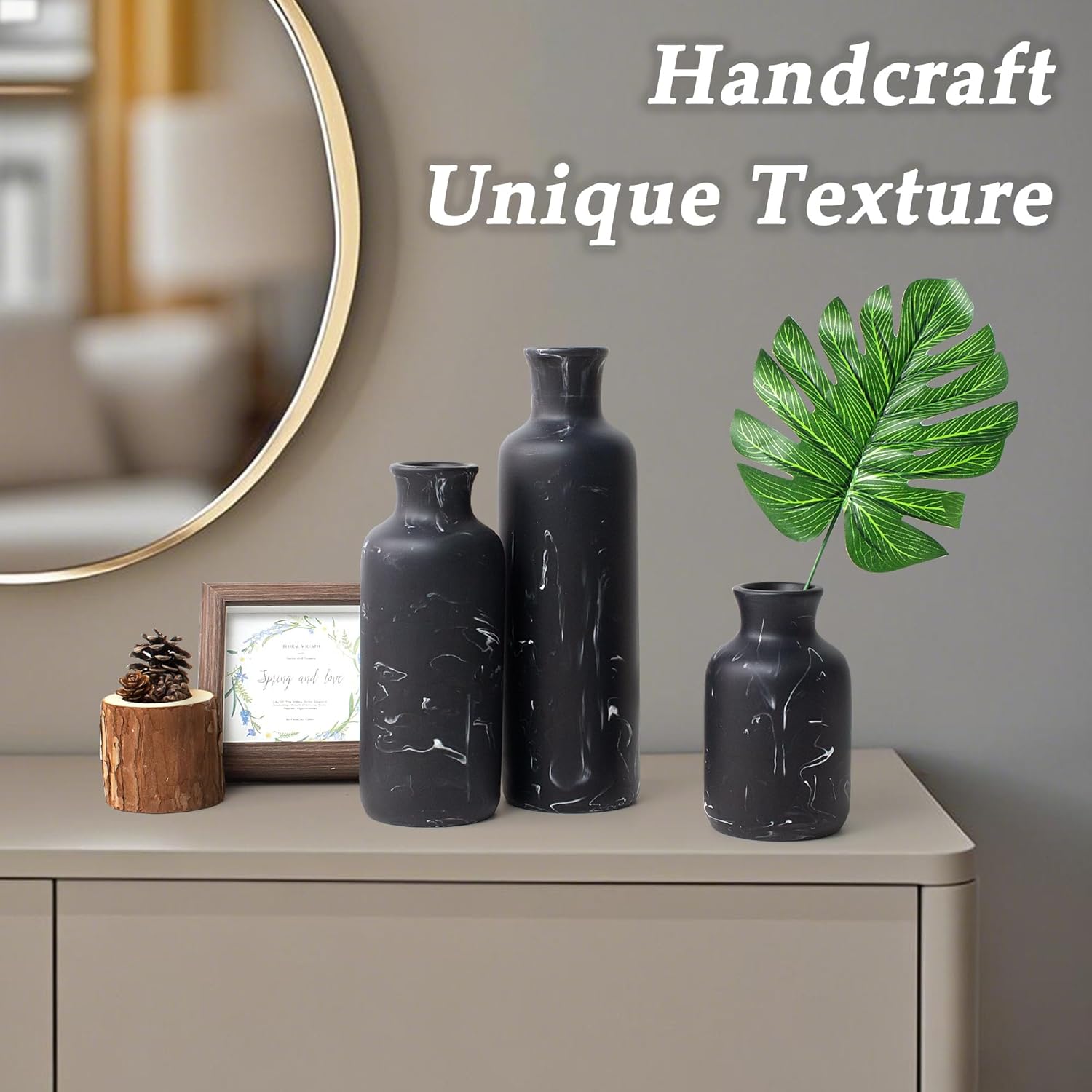 Resin 3 Piece Vase Set / Black Marble Look