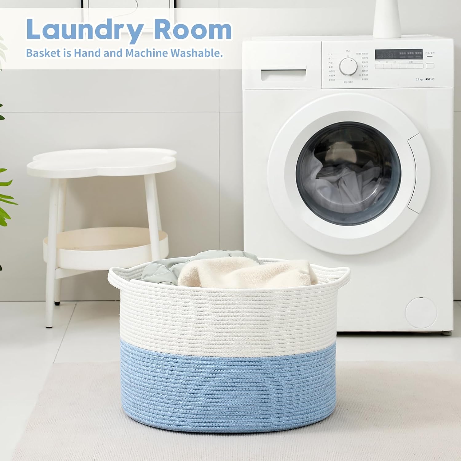 Collapsible Handle Cotton Rope Soft Woven Fabric Storage Organizer Clothes Toys / White & Blue / 65L