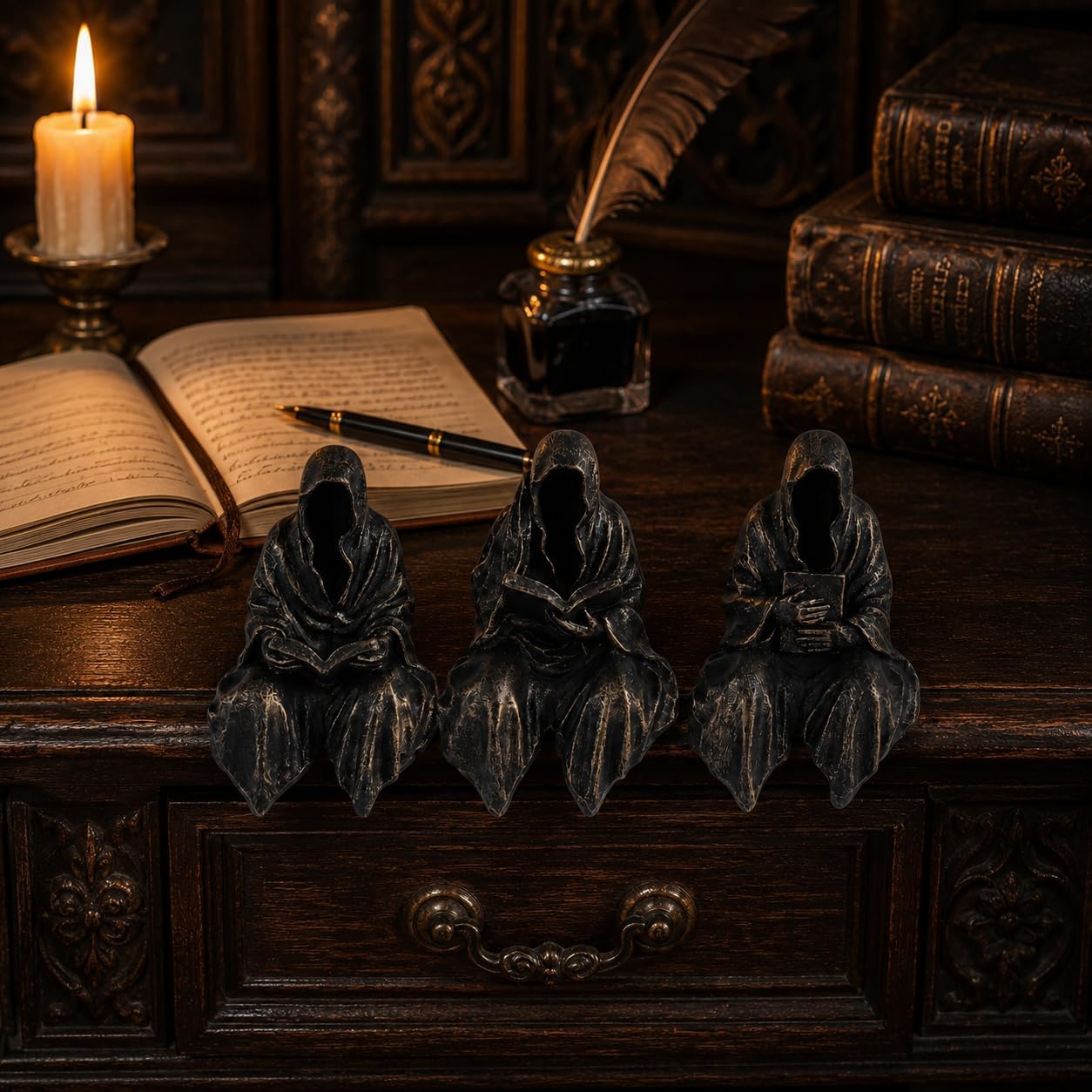 Gothic Grim Reaper Statue / Black Gold / Set of 3