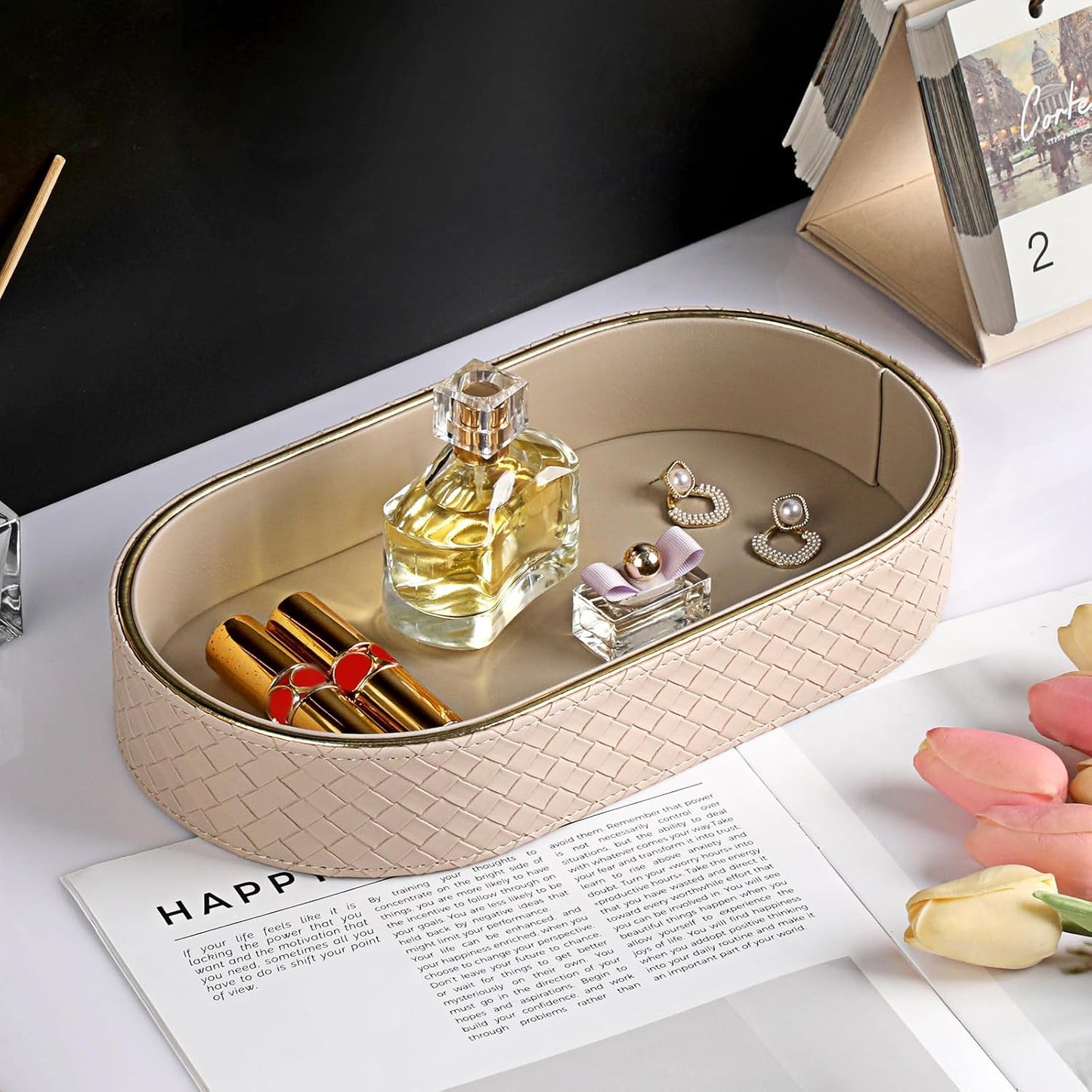 Perfume Trays PU Leather Vanity Tray for Dresser Bathroom Valet Trays Oval / 11 x 5.9 x 2 / Beige