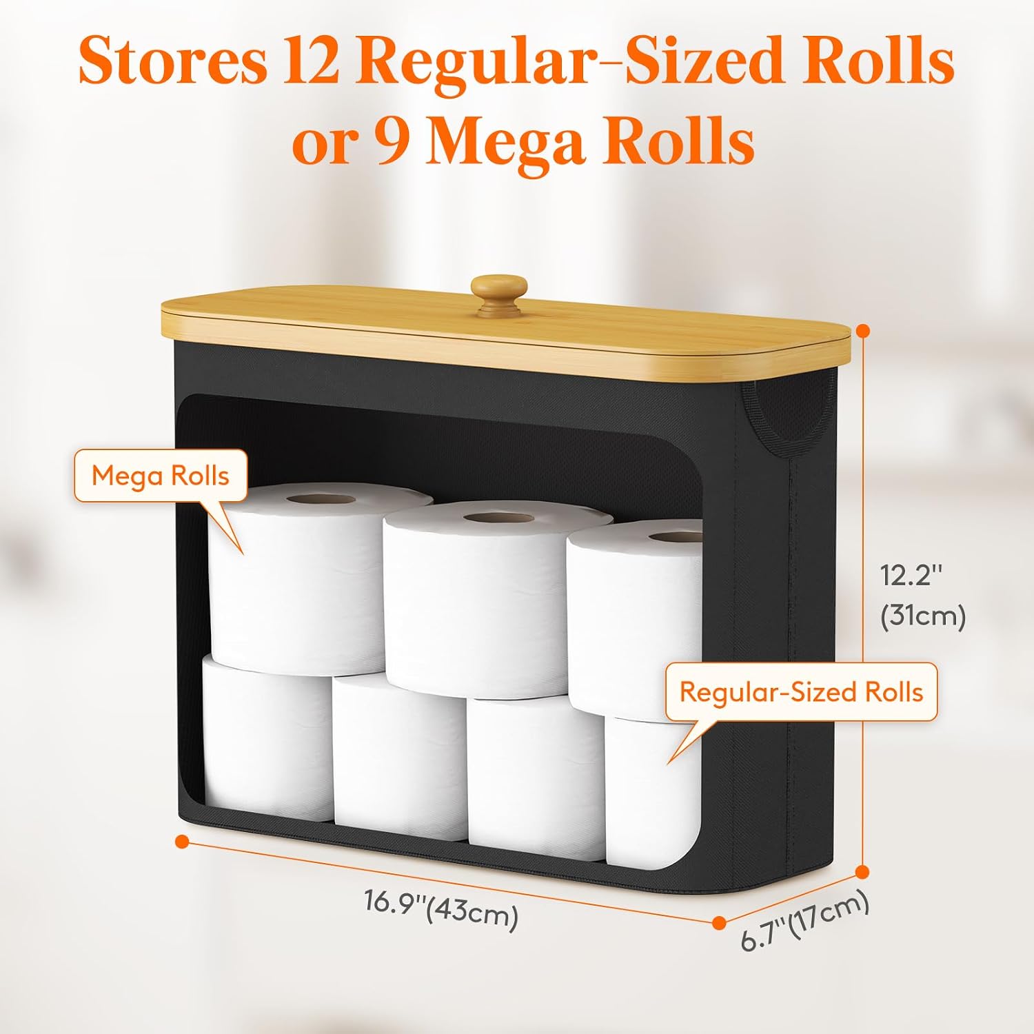 Lifewit Toilet Paper Storage Holder, Large Stand Basket, 23L, Black | 9 to 12 Rolls, Large Paper Stand with Bamboo Lid