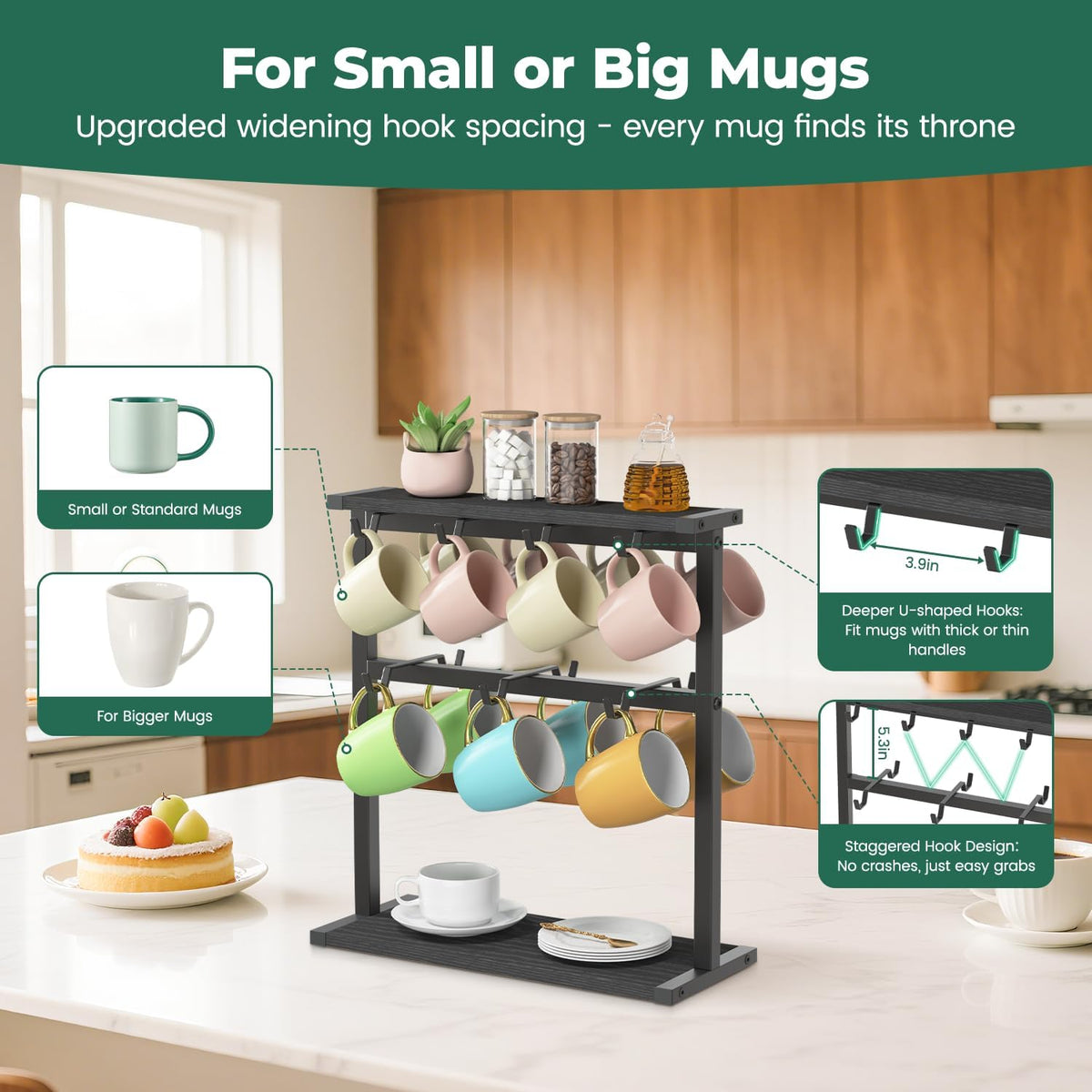 EsLuker.ly Coffee Mug Holder Cup Tree Rack for Coffee Bar Countertop | 2 Tier Wood Organizer Narrow Display Stand for
