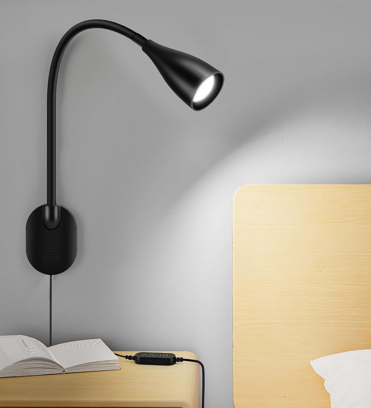 LiFMIRA Wall-Mounted LED Bedside Reading Light USB Charging Port 2Pcs Black | 10-Level Dimmable & Adjustable 5 Color