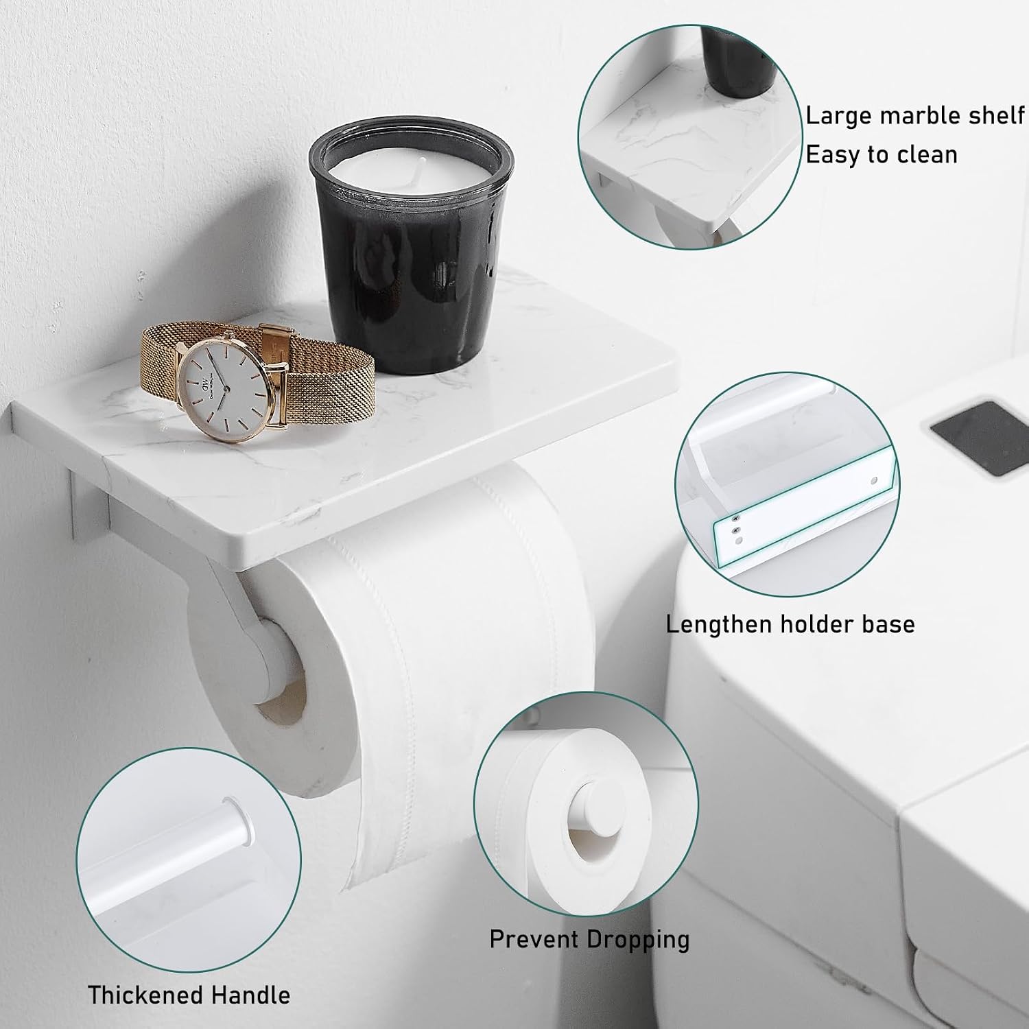 Hoimpro Toilet Paper Holder Wall Mounted, Marble Tissue Roll Rack | White | Natural Marble Shelf Hand Paper Roll