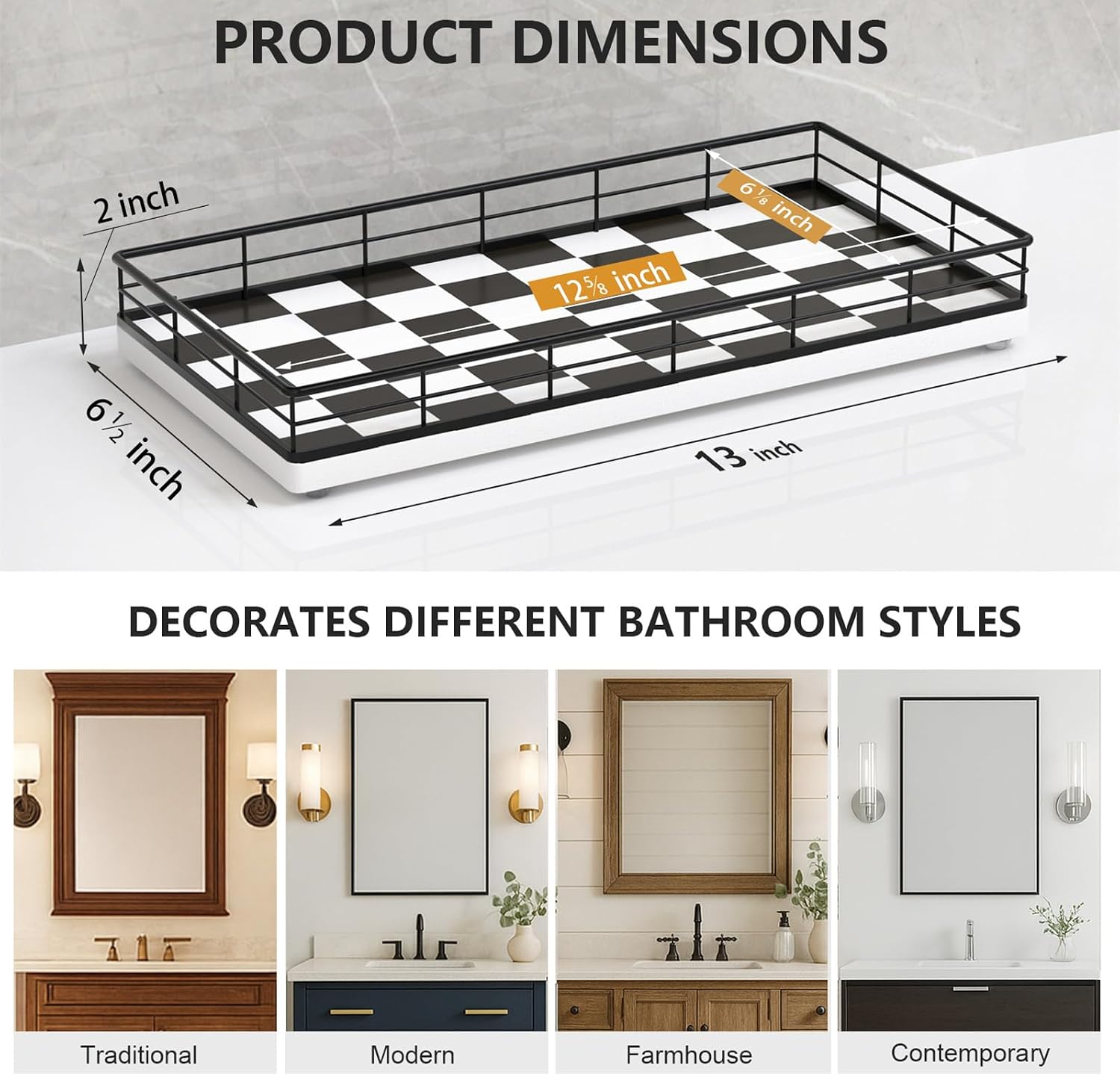 Metal Frame / Oak Wood Toilet Tank Tray / Black & White / 13 x 6.5 x 2