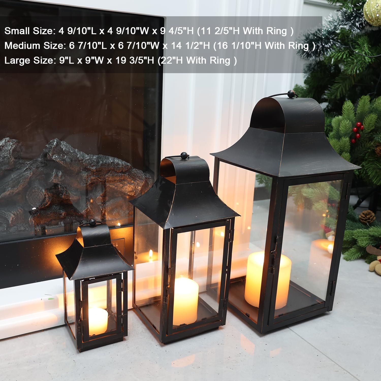 Lanterns Decorative Indoor & Outdoor, 22'' 16'' 11'' Large Candle Lanterns Decorative for Front Porch, Metal Frame