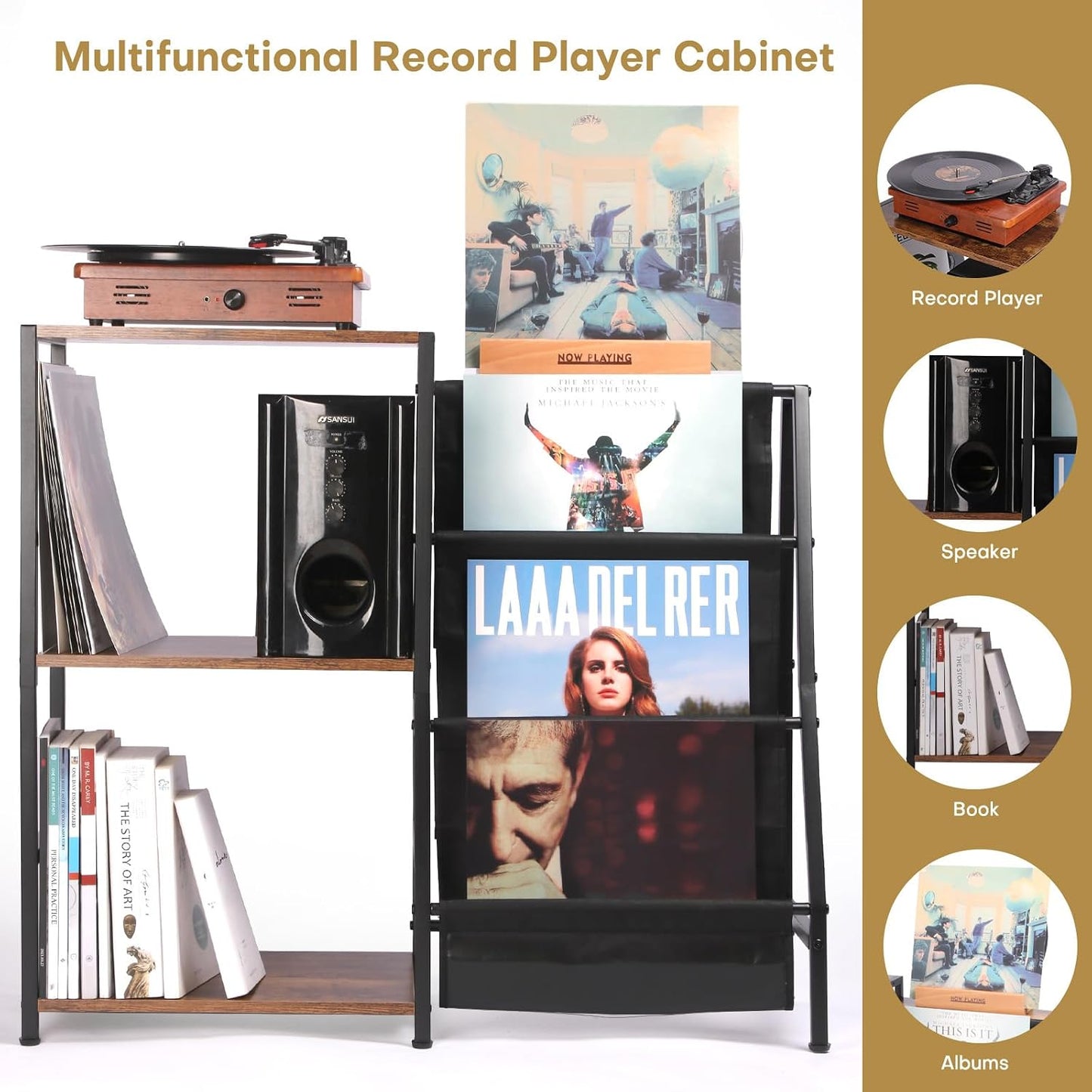HYCFYJR Record Player Stand, Vinyl Record Storage with Now Playing Holder | 3 Tier Turntable Stand with Album Storage