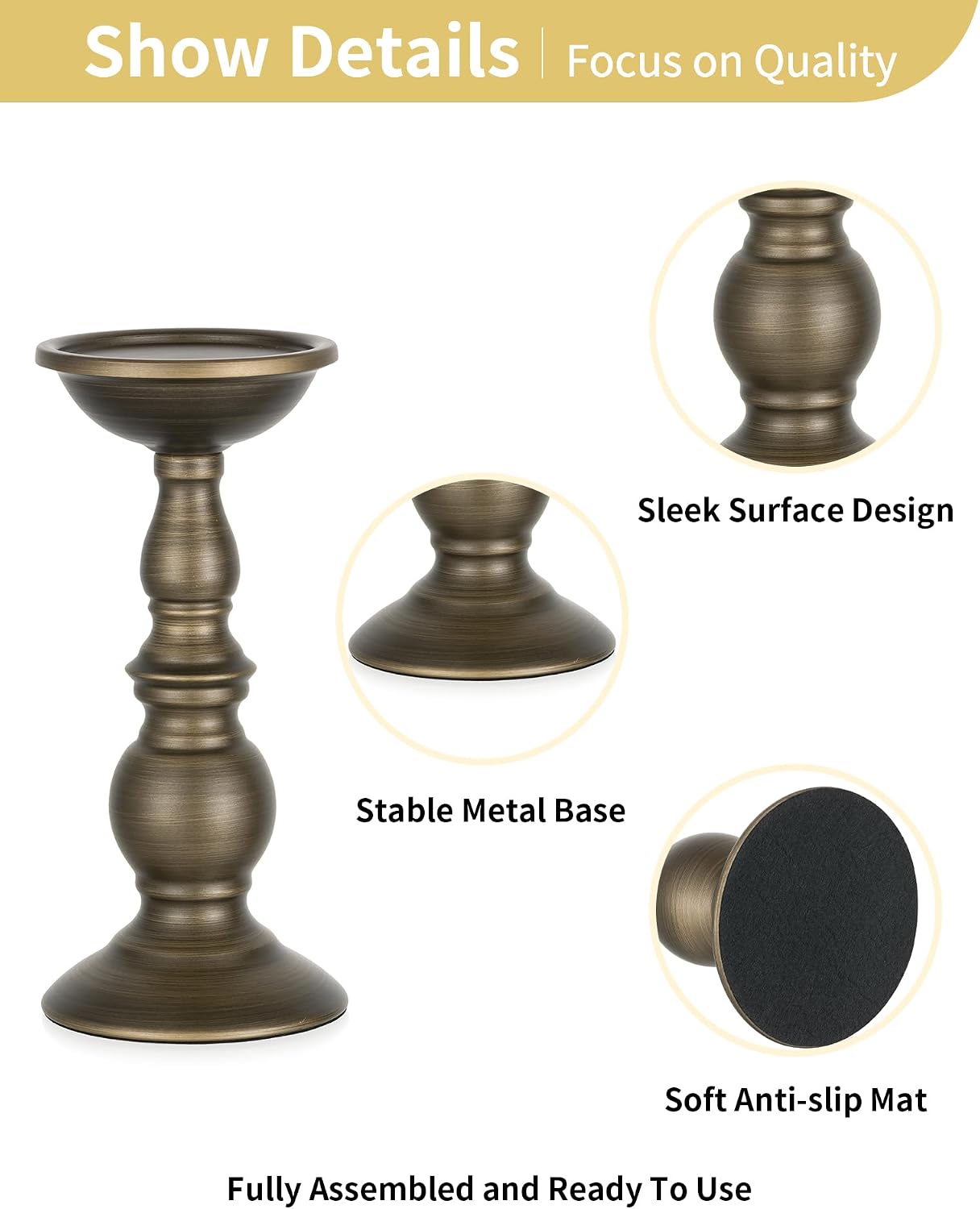 NUPTIO Bronze Candle Holder for Pillars: Candle Stand for 3 inches Candles | (2 x S) Iron Candle Centerpieces for