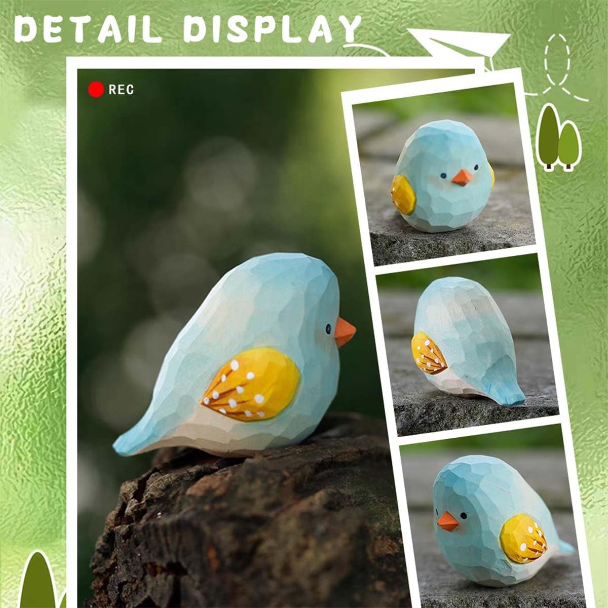 Bird Figurines Small Bird Figurines Home Decor Hand Carved Painted Wooden Statues / Blue and White