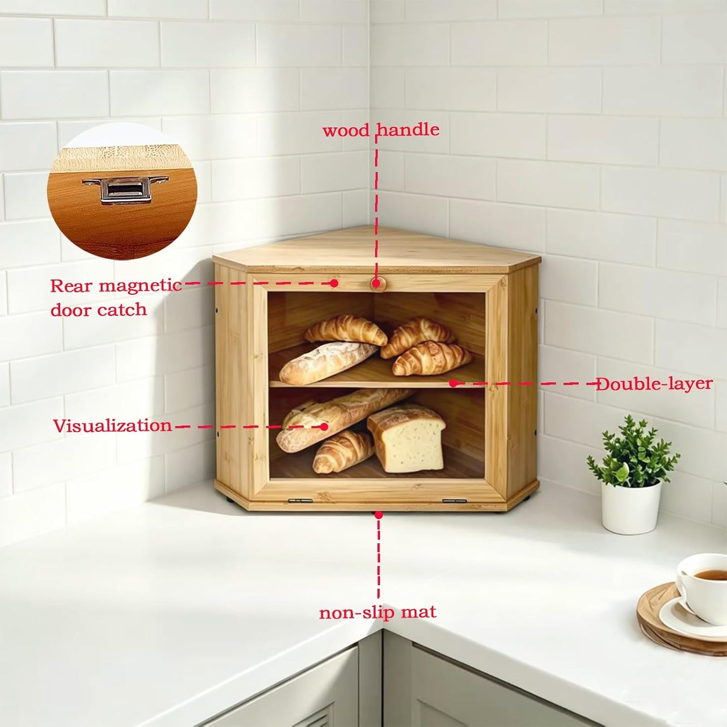 Kitchen corner bread box，Bamboo bread storage box，Sealed design with slight air circulation, keeps bread fresh