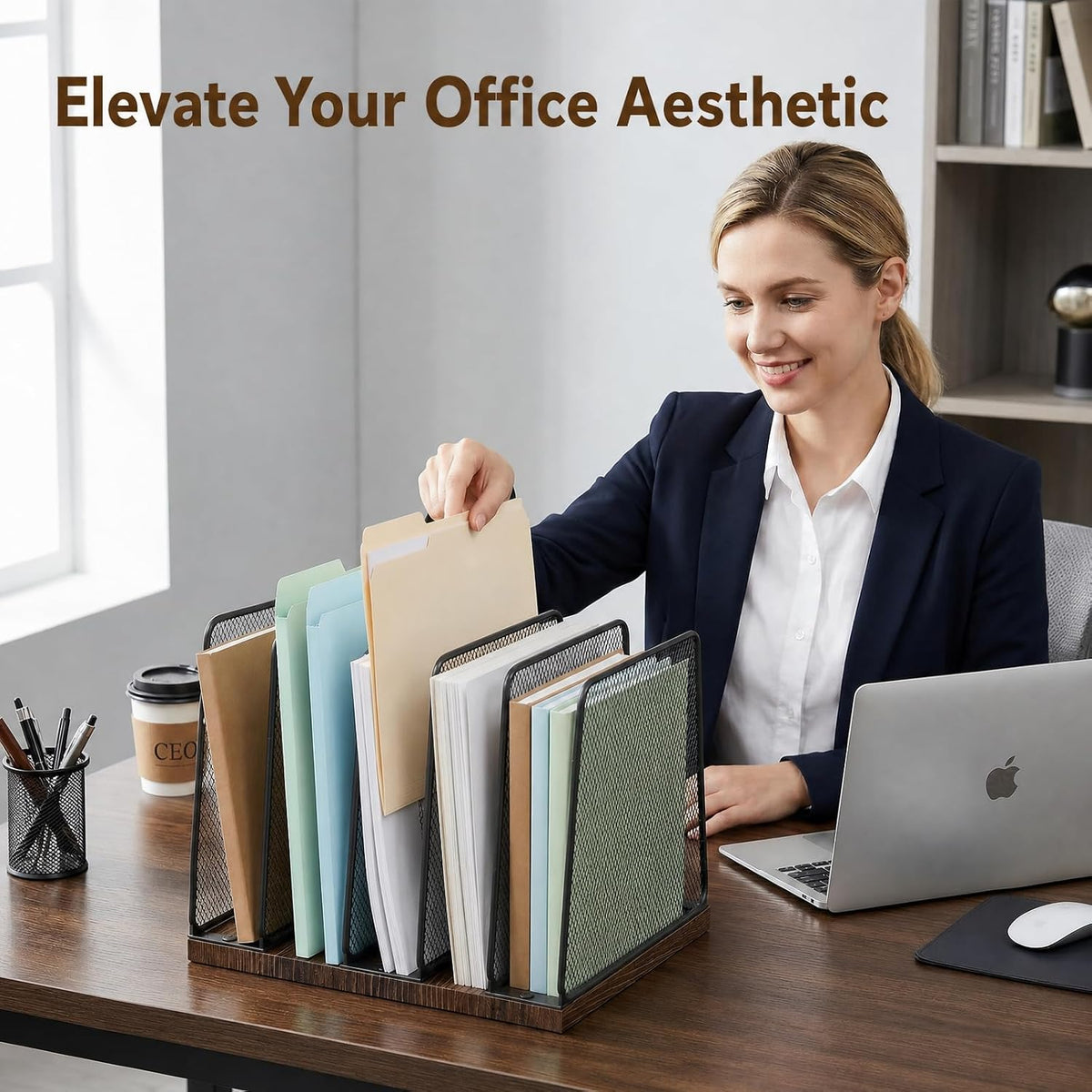 5-Section Vertical File Organizer for Desk, Sturdy Wood Base & Metal Mesh Desktop File Holder, Upright Paper Folder