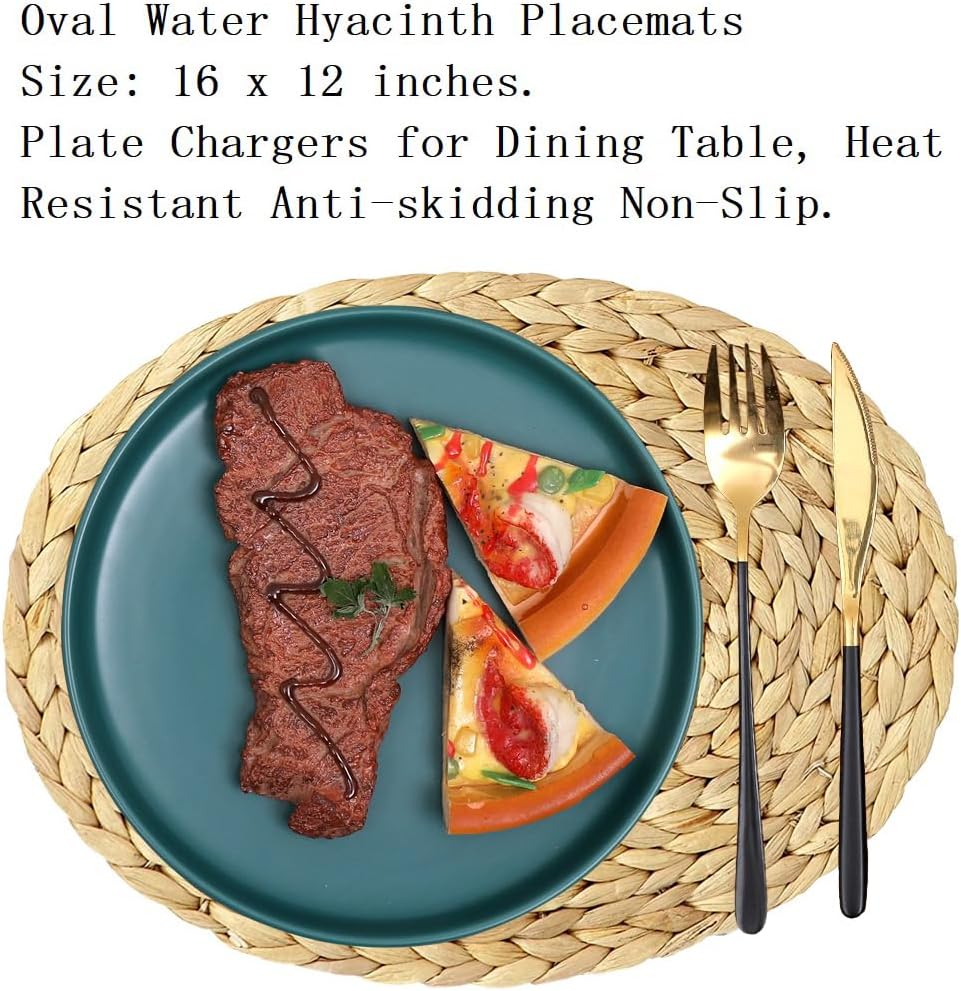 Oval Woven Placemats Set of 6, Natural Water Hyacinth Charger Plates Non-Slip Weave Placemats Farmhouse Straw Braided